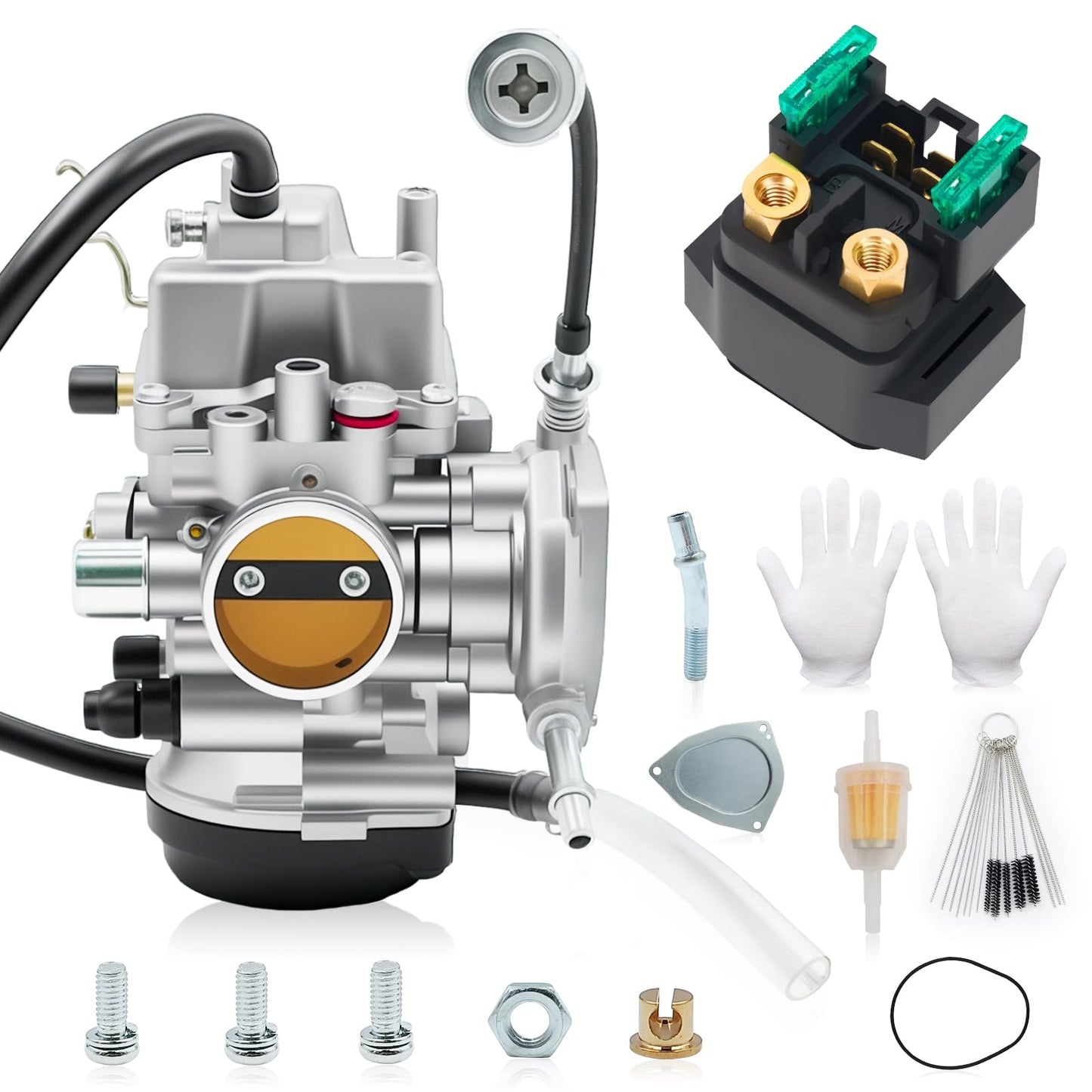 Carburetor for Yamaha 400 450 250 350 Kodiak Big Bear Grizzly Wolverine 2000-2014 YFM400 450 4X4 4WD ATV Carb Kit (Come with Starter Solenoid Relay, Cleaning Tools and Fuel Filter)