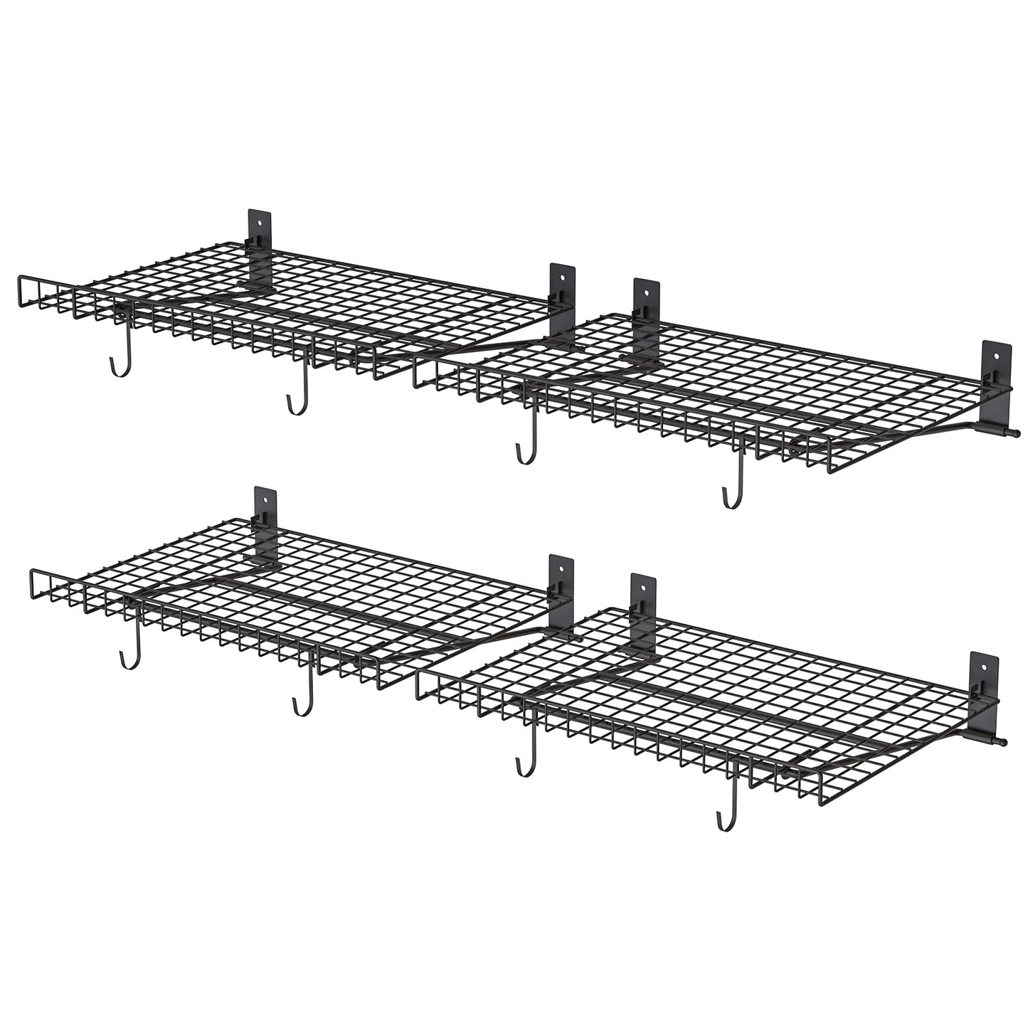 Foldable Wall Shelf, 4 Pack Wall Mounted Garage Storage Shelves, Heavy Duty Metal Floating Shelves with 8 Hooks, 180 LBS Capacity, for Office, Kitchen and Laundry Room