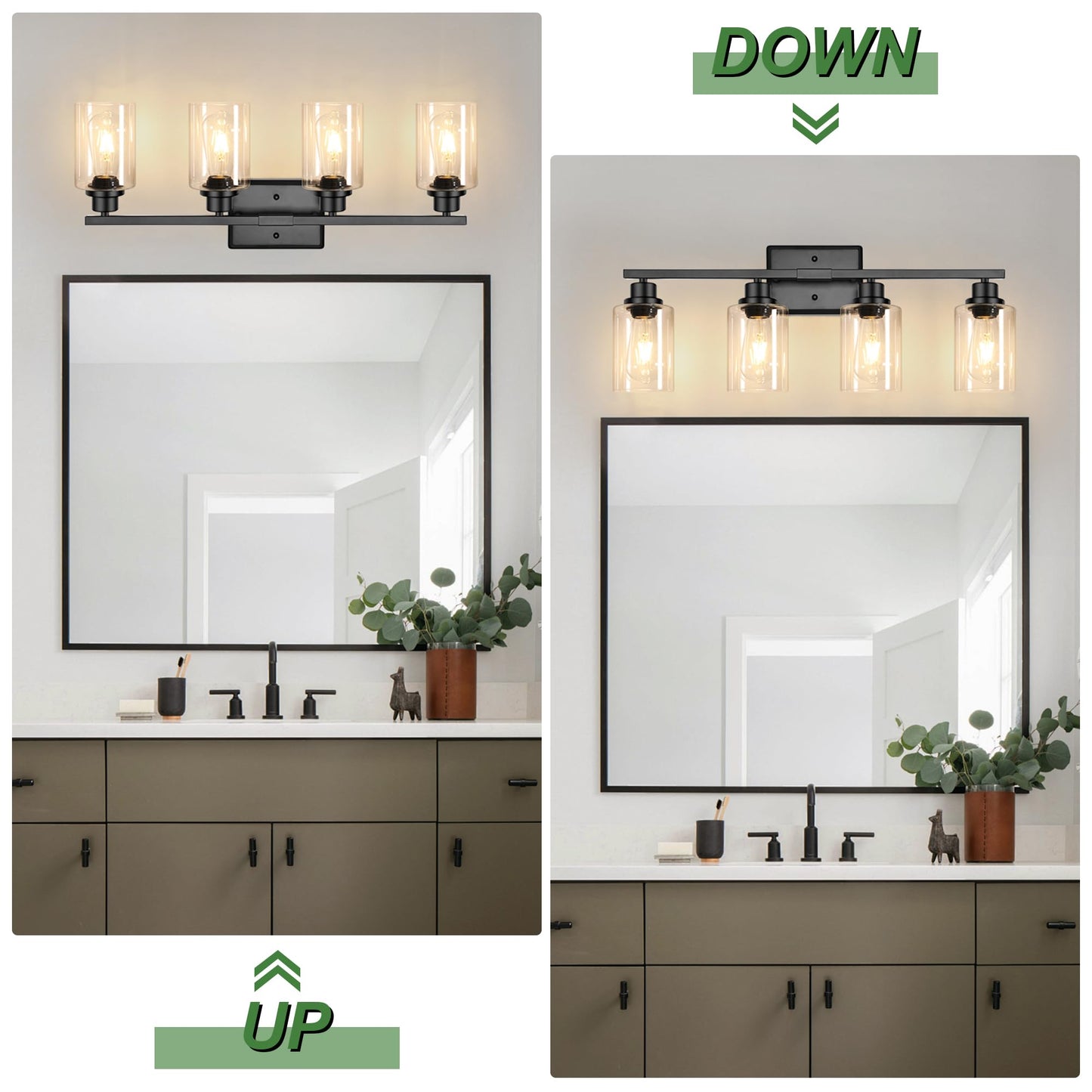 Ascher Bathroom Light Fixtures, 4-Light Vanity Lights with Clear Glass Shade, Modern Black Finish Wall Light for Mirror Bedroom Hallway Cabinet Porch