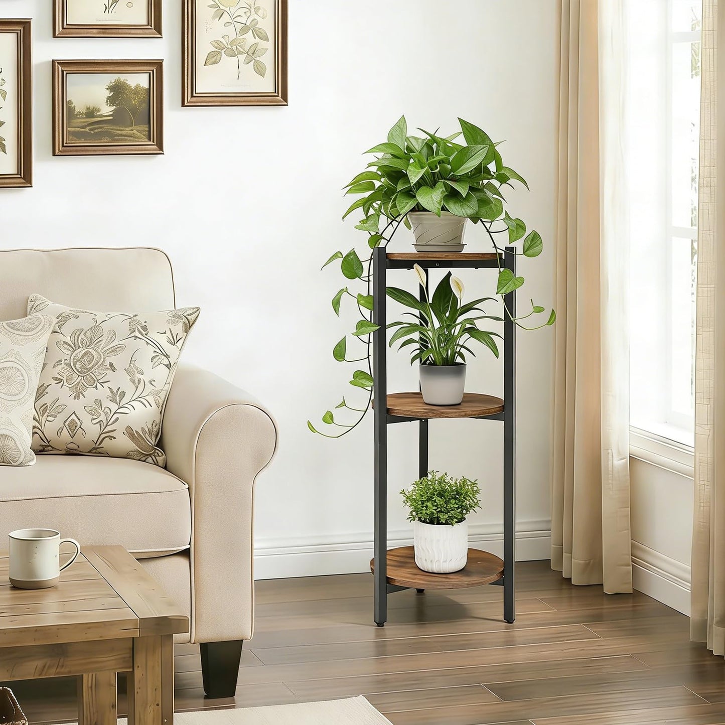 ZBBCTUS Plant Stand Indoor, Corner 3 Tier Tall Plant Stand Shelf with Brown Round Wooden Shelves, Heavy Duty Metal Frame Plant Holder, Sturdy Storage Rack for Living Room Balcony Garden Outdoor