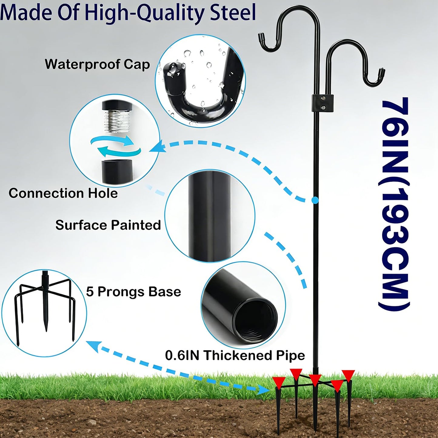 76 inch Double Shepherds Hook with 5 Prongs, Heavy-Duty Metal Bird Feeder Pole Stand, 28.5 to 76 inch Adjustable Garden Holder for Hanging Plant, Wind Chimes, Wedding Garden Outdoor Deco ect
