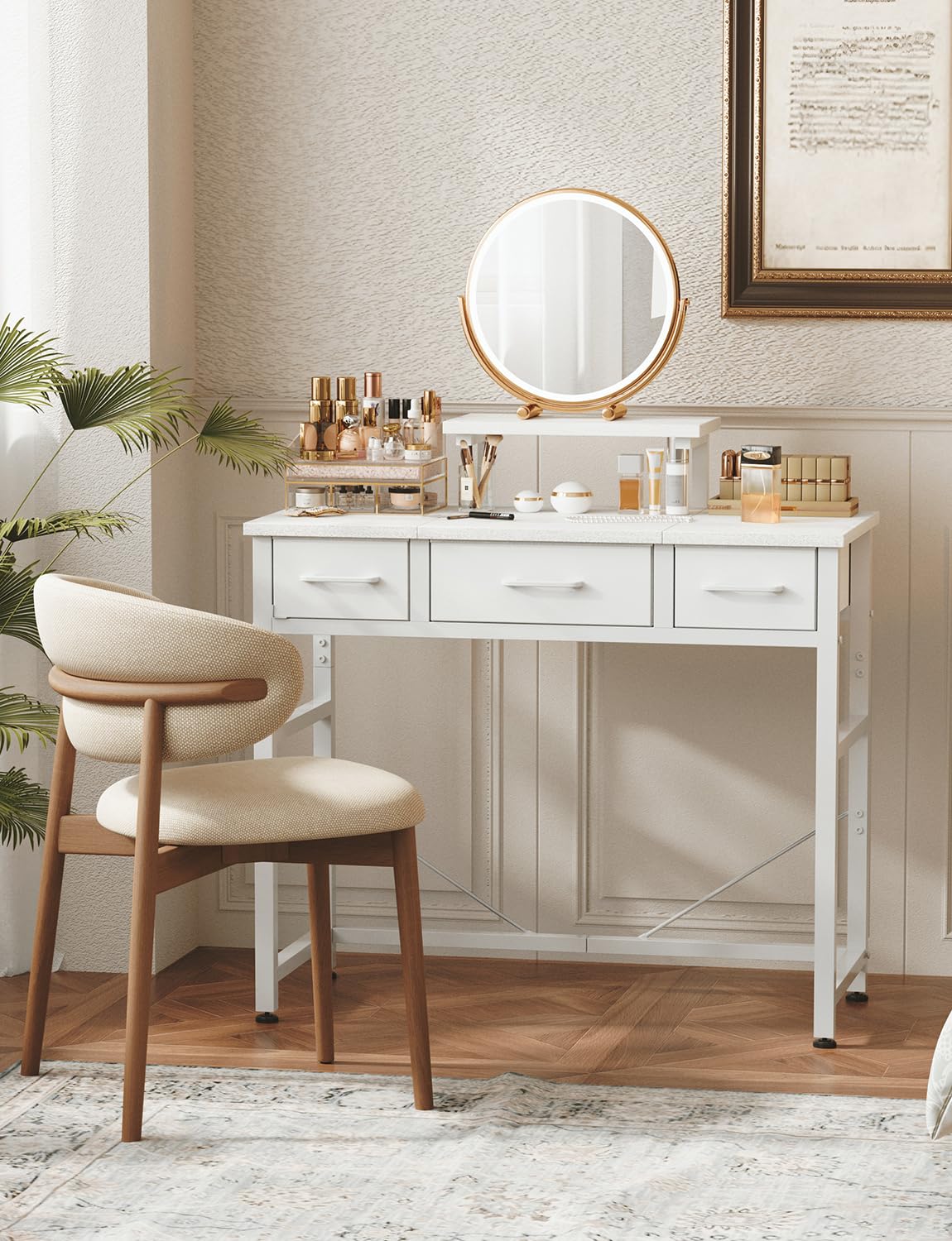 KitMent Small Desk with 3 Fabric Drawers, 30 Inch Computer Desk with Hook, Work for Home Office, Study Table, Kid’s Desk, Makeup Vanity Desks, Made of Wood & Metal, White