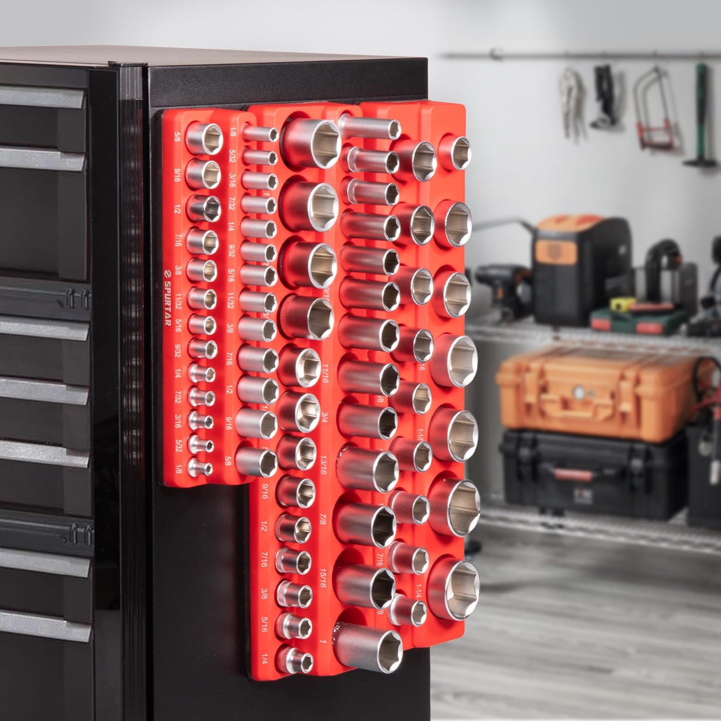 Spurtar Magnetic Socket Organizer 6 Pcs, Metric SAE Magnetic Socket Holder Includes 1/4-Inch, 3/8-Inch, 1/2-Inch Drive Metric SAE Trays, Holds 143 Standard Size and Deep Size (Sockets Not Included)