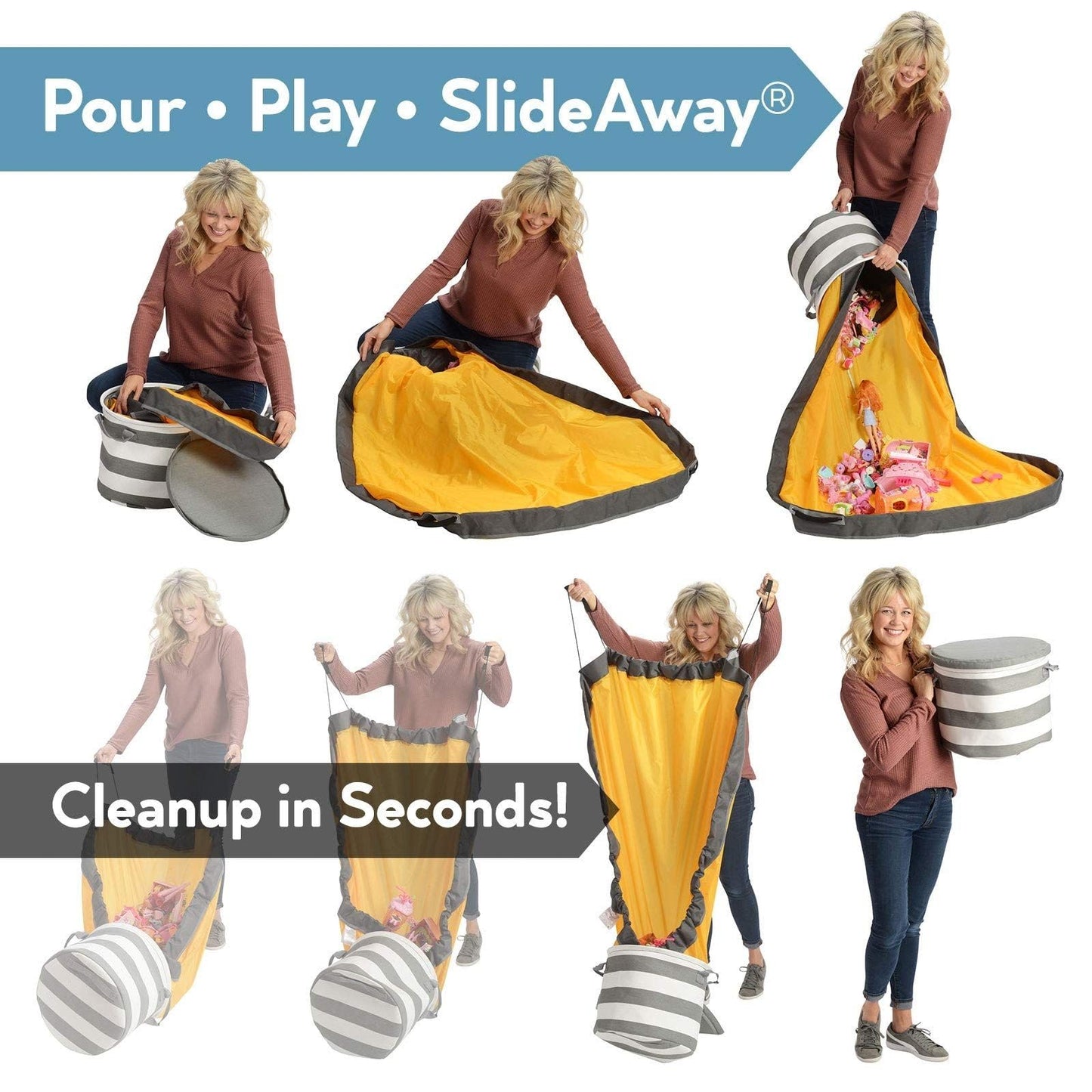 Creative QT - SlideAway Toy Storage Basket and Play Mat – Tidy with Ease, Organize Small Toys, Building Bricks, Action Figures – Large Drawstring Foldaway Play Surface - 12”x15” - Heather Beige