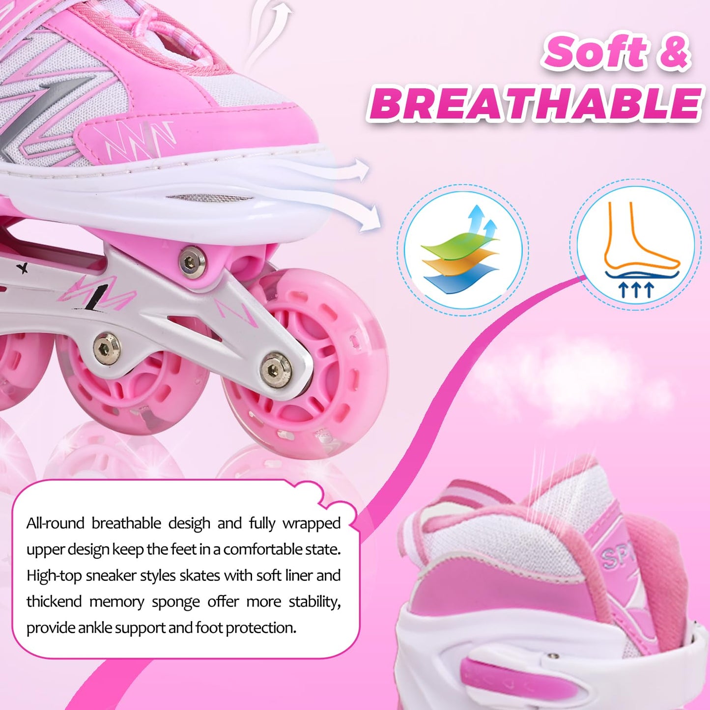 Adjustable Inline Skates for Kids Girls Children Beginners, Pink Inline Roller Skates with Light Up Wheels for Kids and Youth for Sports (Small)