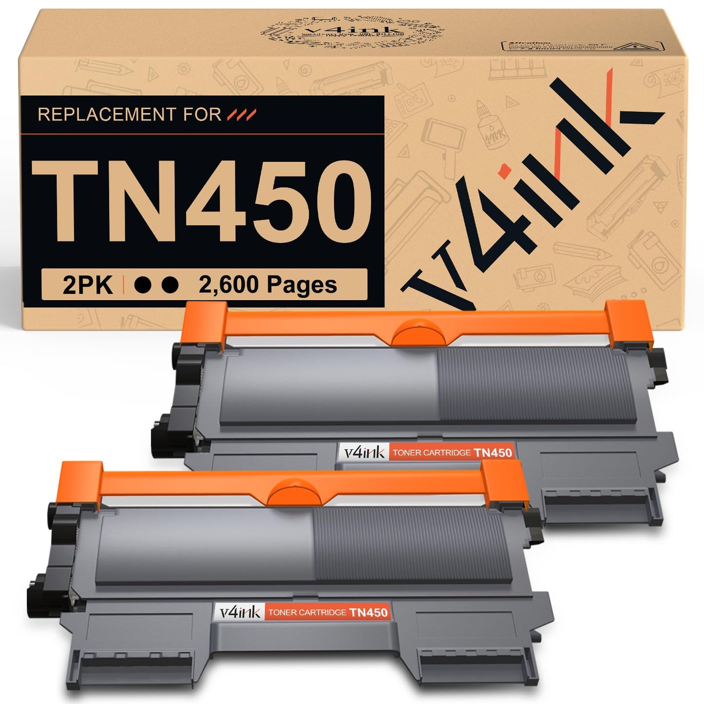 v4ink Compatible TN450 Toner Cartridge Replacement for Brother TN450 TN420 Toner Cartridge High Yield Use for HL-2240d HL-2270dw HL-2280dw MFC-7360n MFC-7860dw IntelliFax 2840 2940 Printer 2 Packs