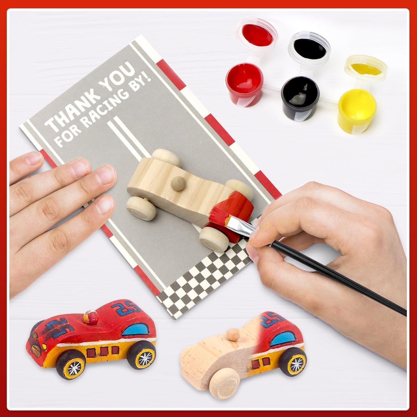 Racecar Painting Party Favors Kit - 12 Unfinished Wooden Cars, Acrylic Paints, Brushes, Thank You Cards, Perfect for Racing-Themed Birthday & Two Fast Theme Party Supplies
