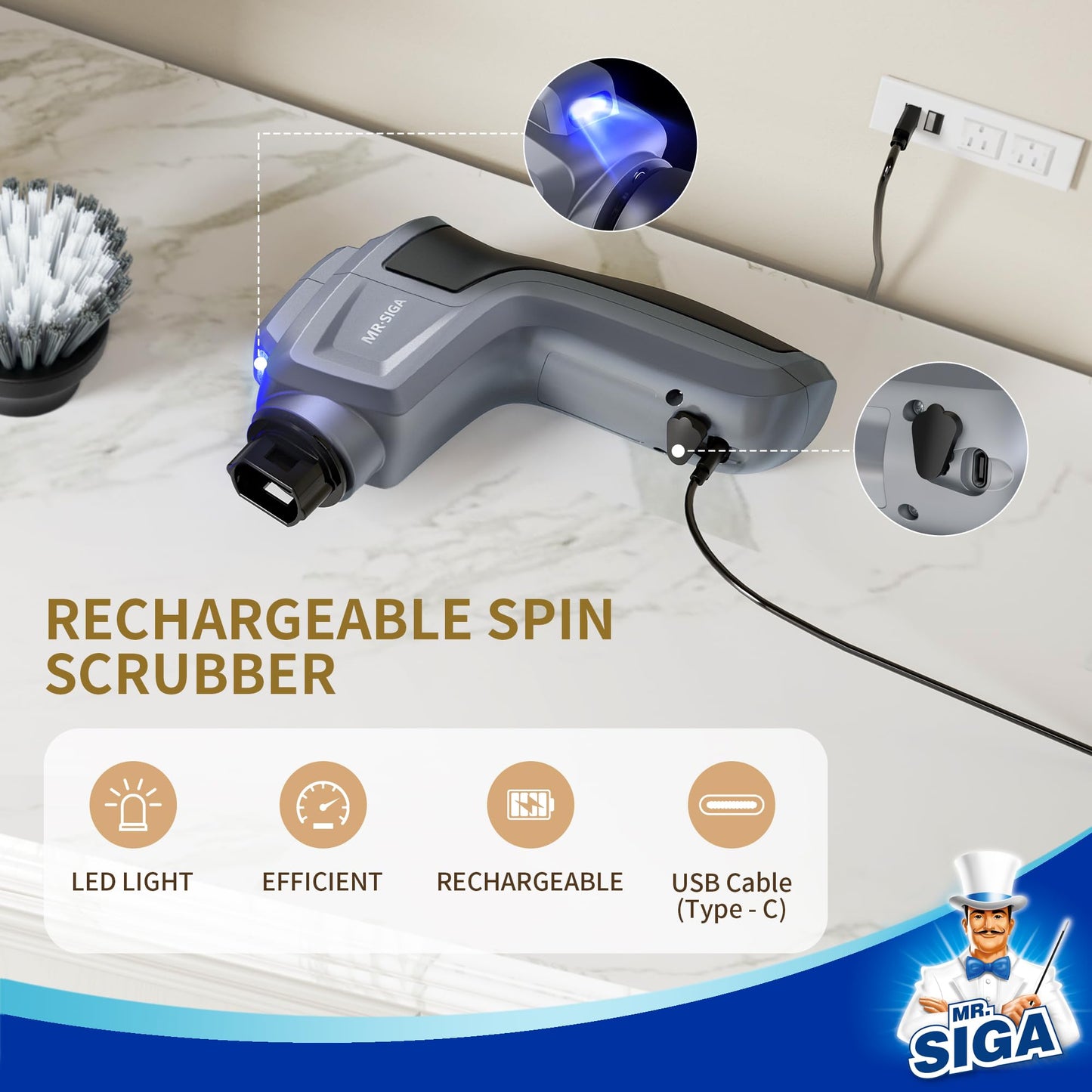 MR.SIGA Electric Spin Scrubber, Cordless Spin Scrubber with 5 Replaceable Cleaning Brushes and Pads, Powerful and Waterproof, Rechargeable Spin Scrubber for Bathroom, Kitchen, Tile, Sink