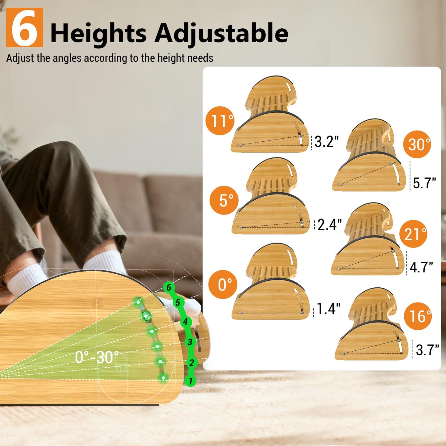 Bamboo Foot Rest Under Desk - Rocking Desk Foot Rest 2-in-1 with 6 Adjustable Heights, Ergonomic Footrest Under Desk with Anti-Slip Surface for Home, Office and Gaming