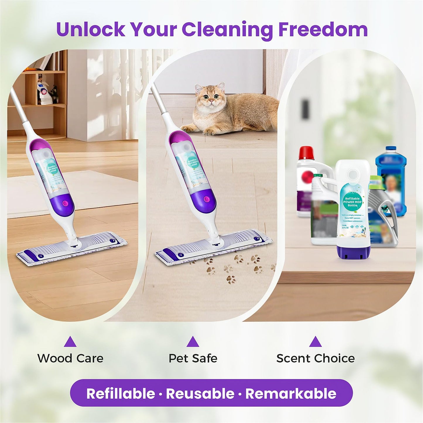 DrFlito Refillable Bottle Compatible with Swiffer Power Mop – 720ML / 24 FL.OZ Leak-Proof HDPE Reusable Solution Container with 7 Sealing Pads & 1 Folding Funnel, Use Any Liquid Cleaner,Empty