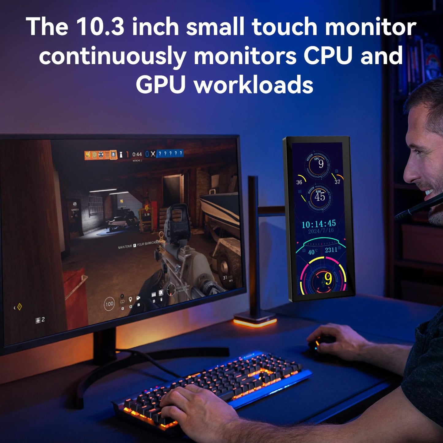 10.3'' Small Touchscreen Monitor, 400cd/m², VESA, IPS Stretched Bar LCD Mini Travel Touch Display 1920 * 720 HDMI USBC, Portable Touch Screen for Laptop Computer Windows Aida64 GPU CPU RAM Monitoring