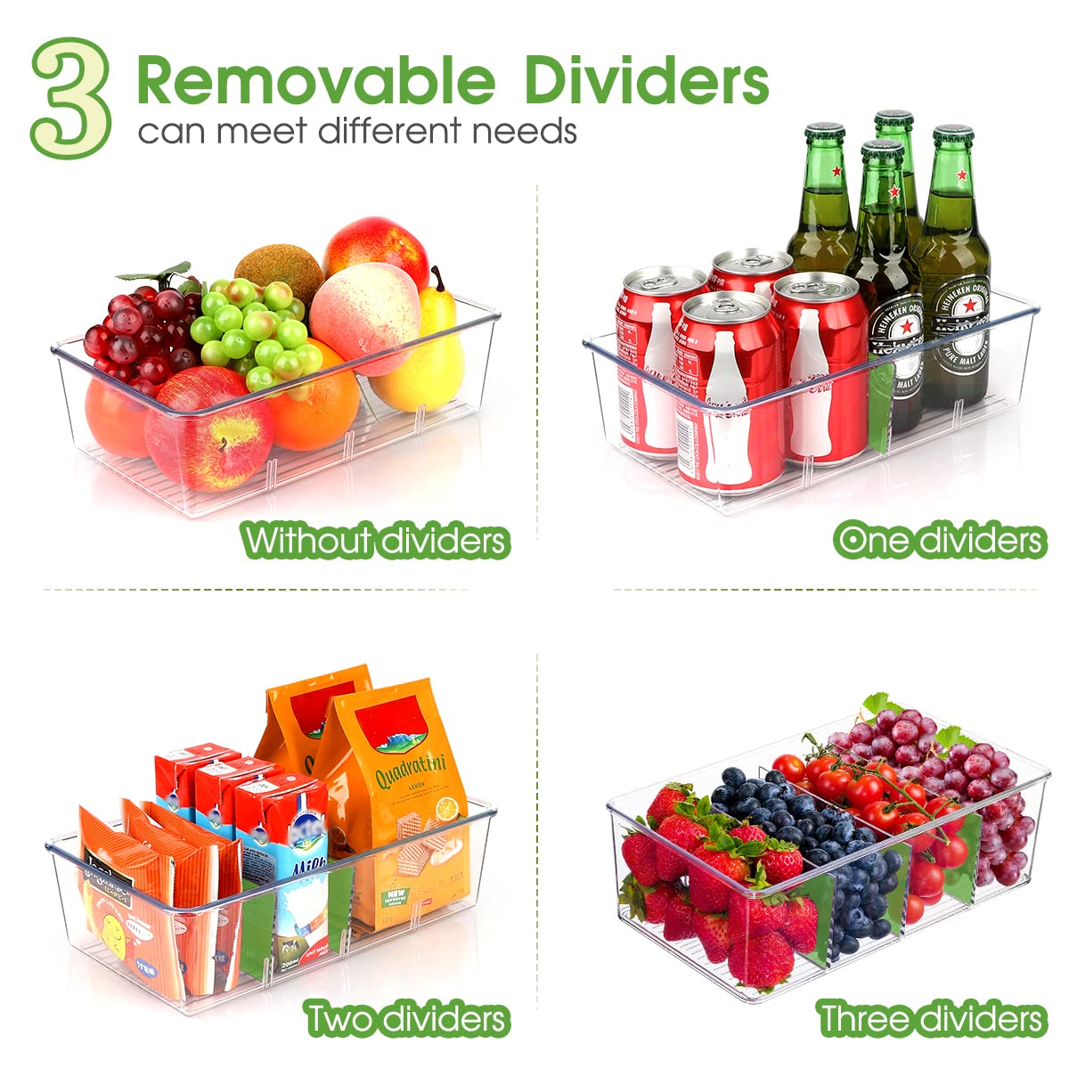 6 Pack Food Storage Organizer Bins Clear Plastic Removable Snack Organizer Pantry Organization Storage Racks with 3 Dividers, Kitchen, Cabinets Snacks, Packets, Spices, Pouches Stackable Bins