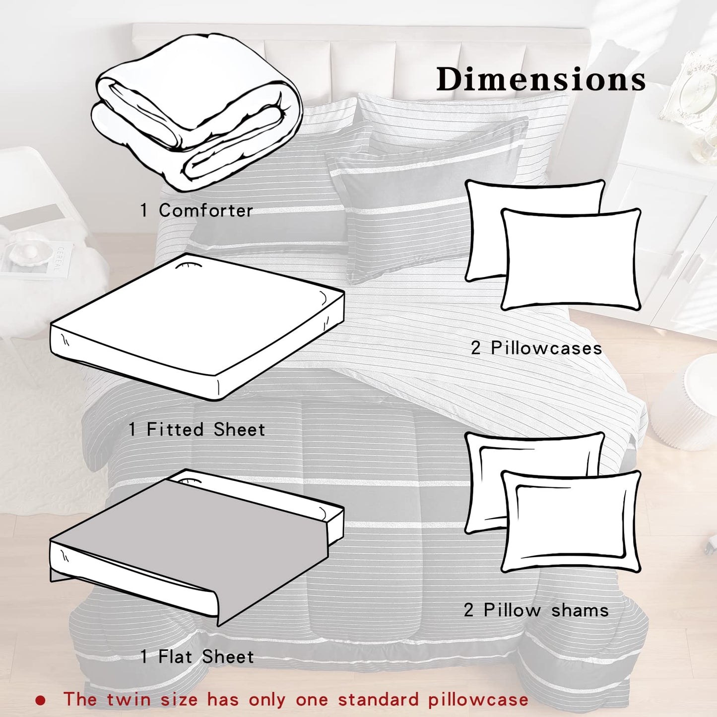 FlySheep Boho Bed in a Bag 7 Pieces Queen Size, White Striped on Black Dark Gray Reversible Comforter Set (1 Comforter, 1 Flat Sheet, 1 Fitted Sheet, 2 Pillow Shams, 2 Pillowcases)