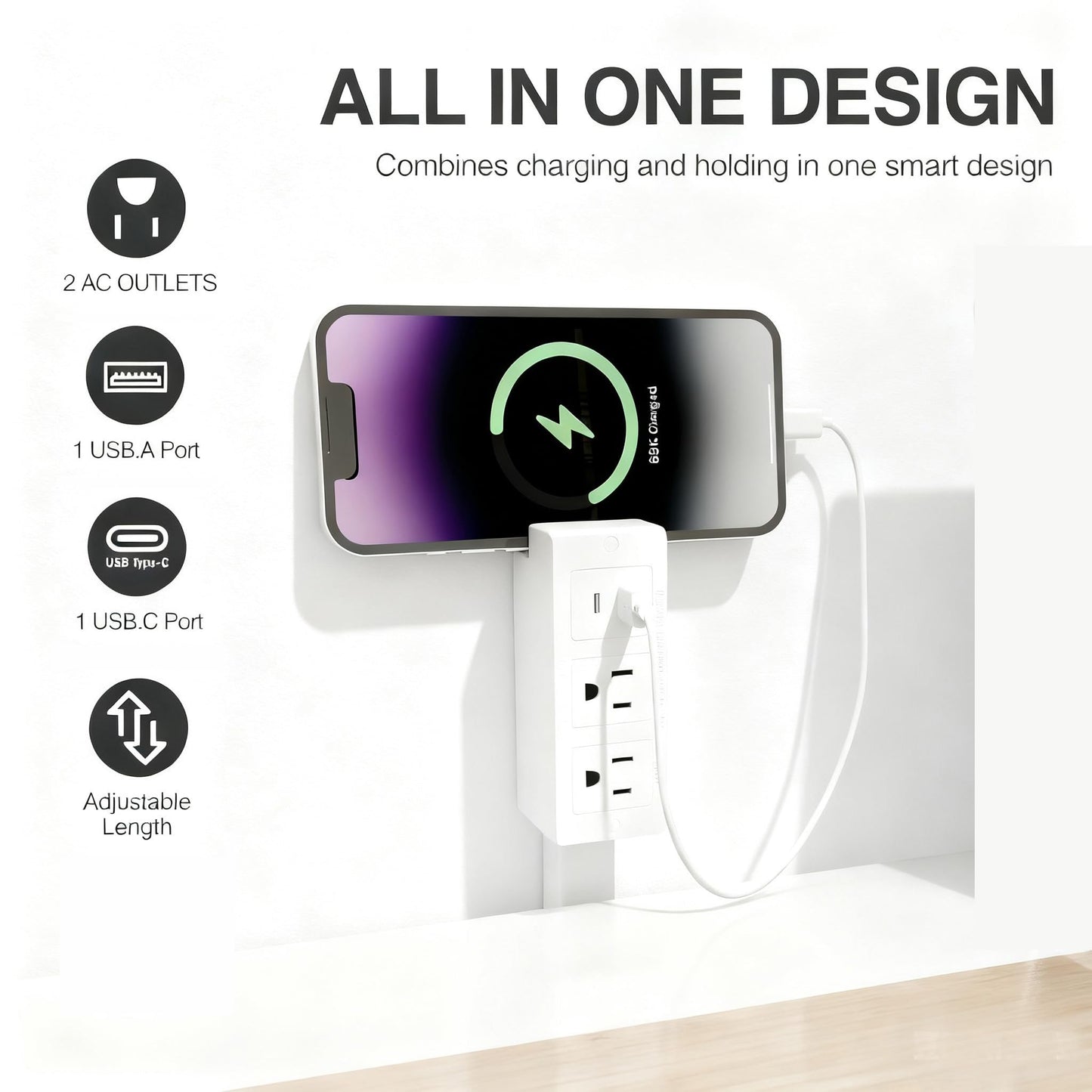 Electrical Outlet Extender with USB-A&USB-C&2 AC,180° Rotating Power Socket Expander 17''-27'', Extendable Outlet for Hard to Reach Places for Sofa Desk Behind Bedside Tables