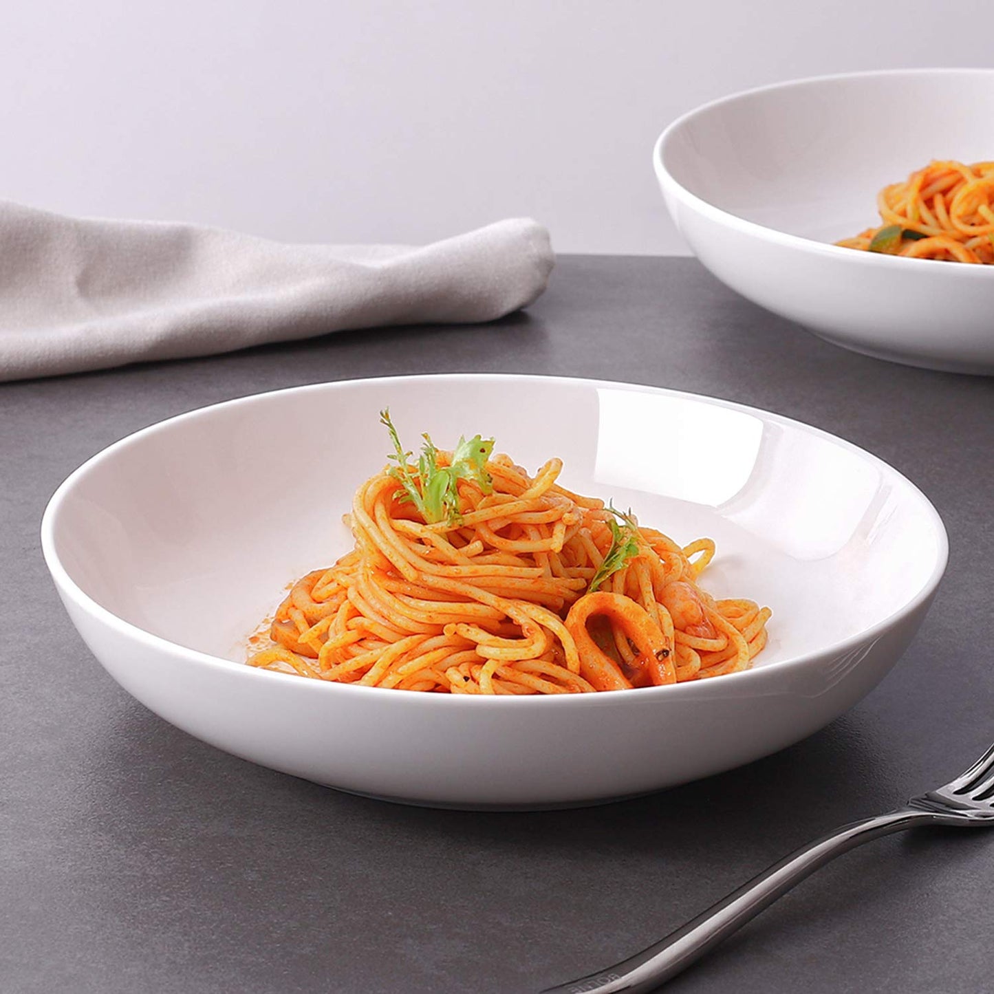 DOWAN 9.75" Wide Pasta Bowls, Ceramic Salad Bowls 50 Ounces, Large Serving Bowl Set of 4, Microwave and Dishwasher Safe, Shallow and Versatile, White