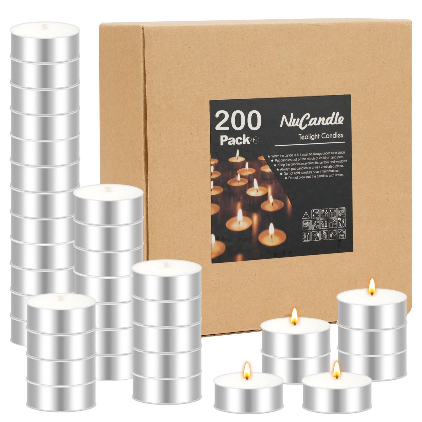 NuCandle Tea Lights Candles 200 Pack Unscented Tealight Candles Bulk for Wedding Christmas Home Decorative Outdoor - 4 Hour Burn Time