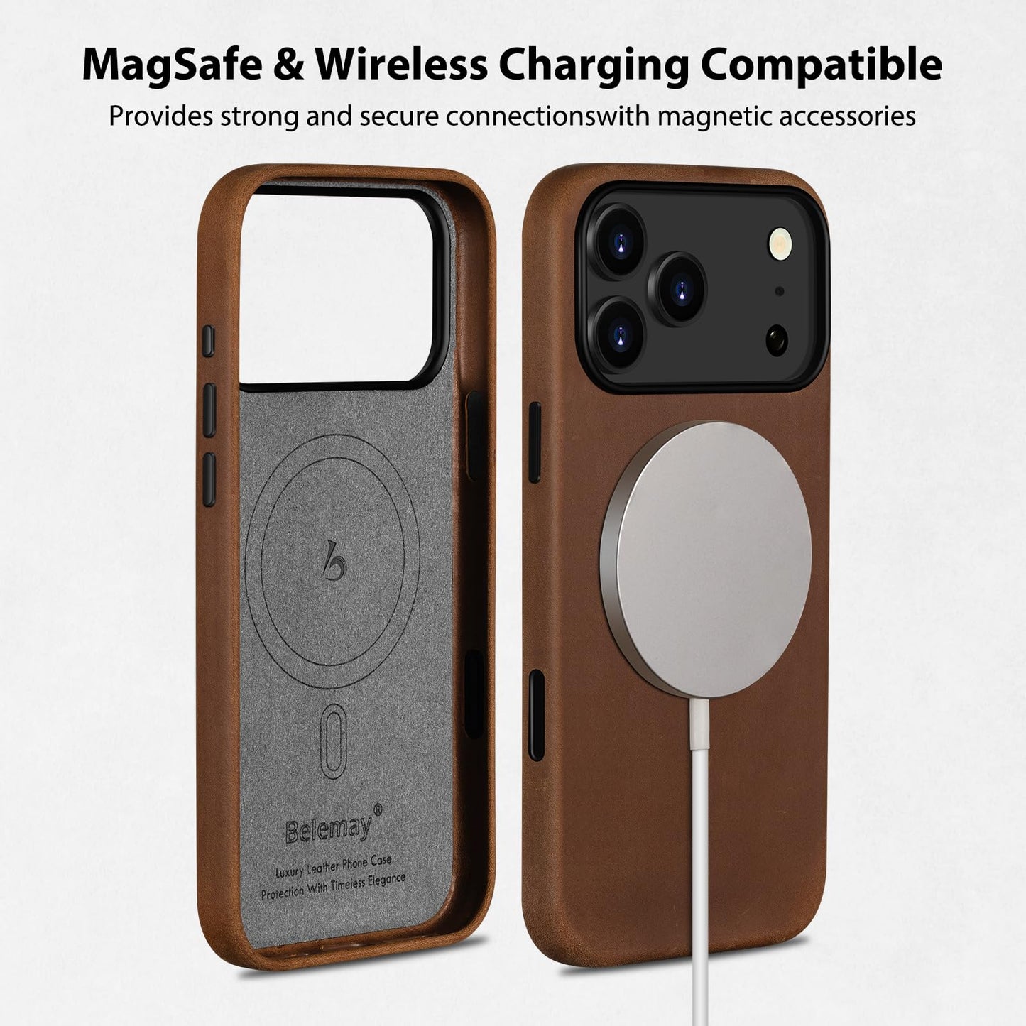 Belemay Handcrafted Crazy Horse Leather Case for iPhone 17 Pro Max, Compatible with MagSafe, Vintage Aesthetic, Two-Tone Effect, Unique Patina, Camera Control Button Coverage (6.9"), Vintage Brown