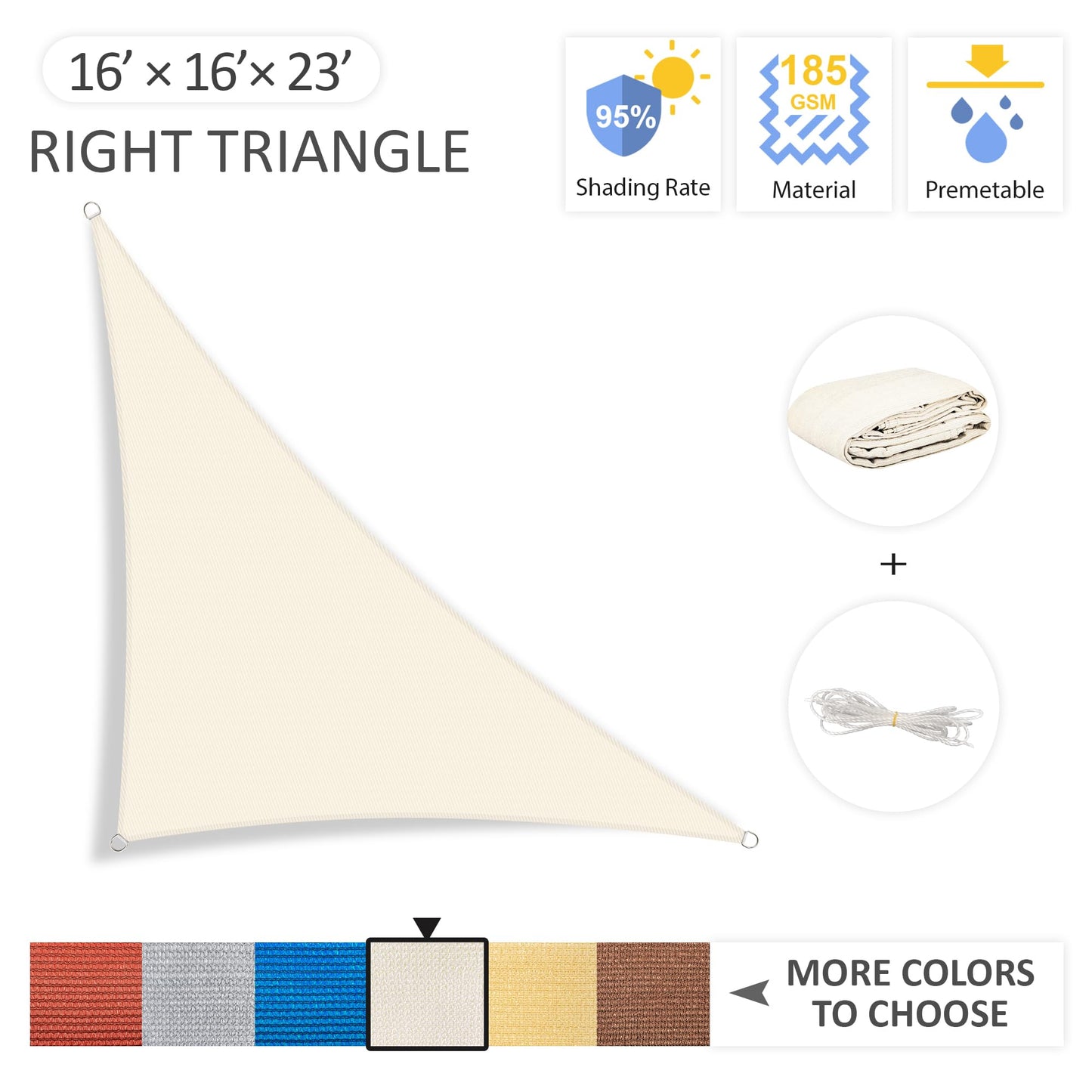 Yardmaker 16'x16'x23' Sun Shade Sail Right Triangle Canopy Shade Cover for Patio Garden Outdoor Backyard, Cream
