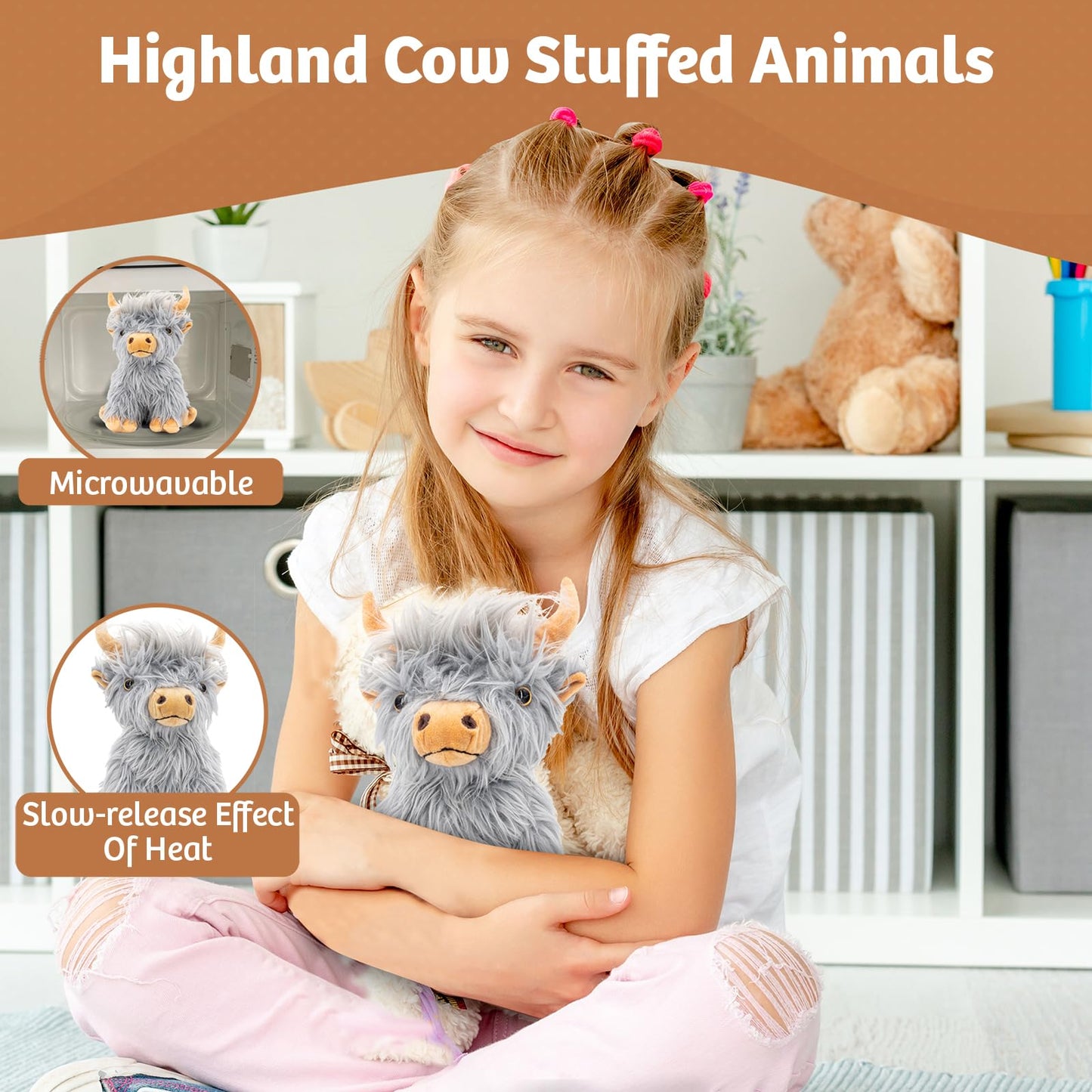 Gray Highland Cow Stuffed Animal Toy Microwavable Highland Cow Gift for Girls and Kids Toy, 9.8in, 1.65lb