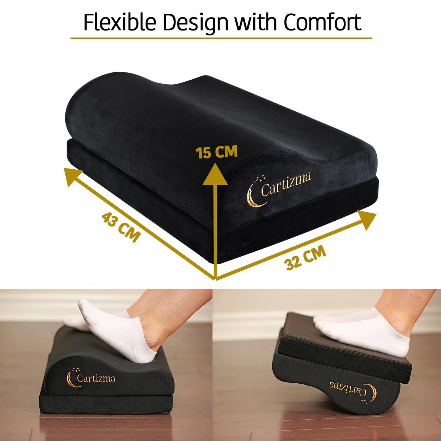 Cartizma Ergonomic Foot Rest for Under Desk at Work - Wavy Shaped for Heel Support, Memory Foam, Anti-Slip, Washable Cover - Office & Gaming Footrest, Back & Leg Pain Relief, Desk Foot Stool (black)