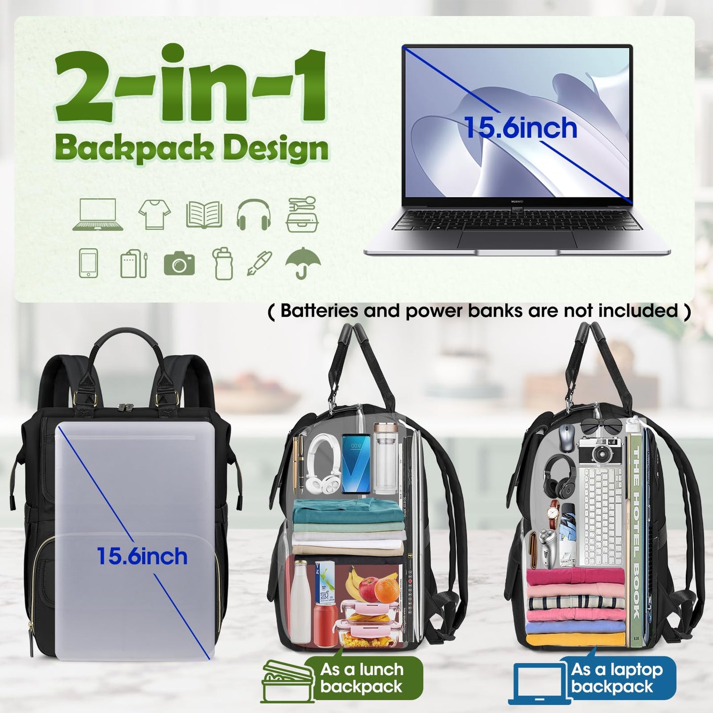 Lunch backpack for Women Men 15.6 Inch Laptop Backpack with USB Port Teacher Nurse Work backpack with insulated bag Travel backpack Water Resistant Computer Backpack for College Business