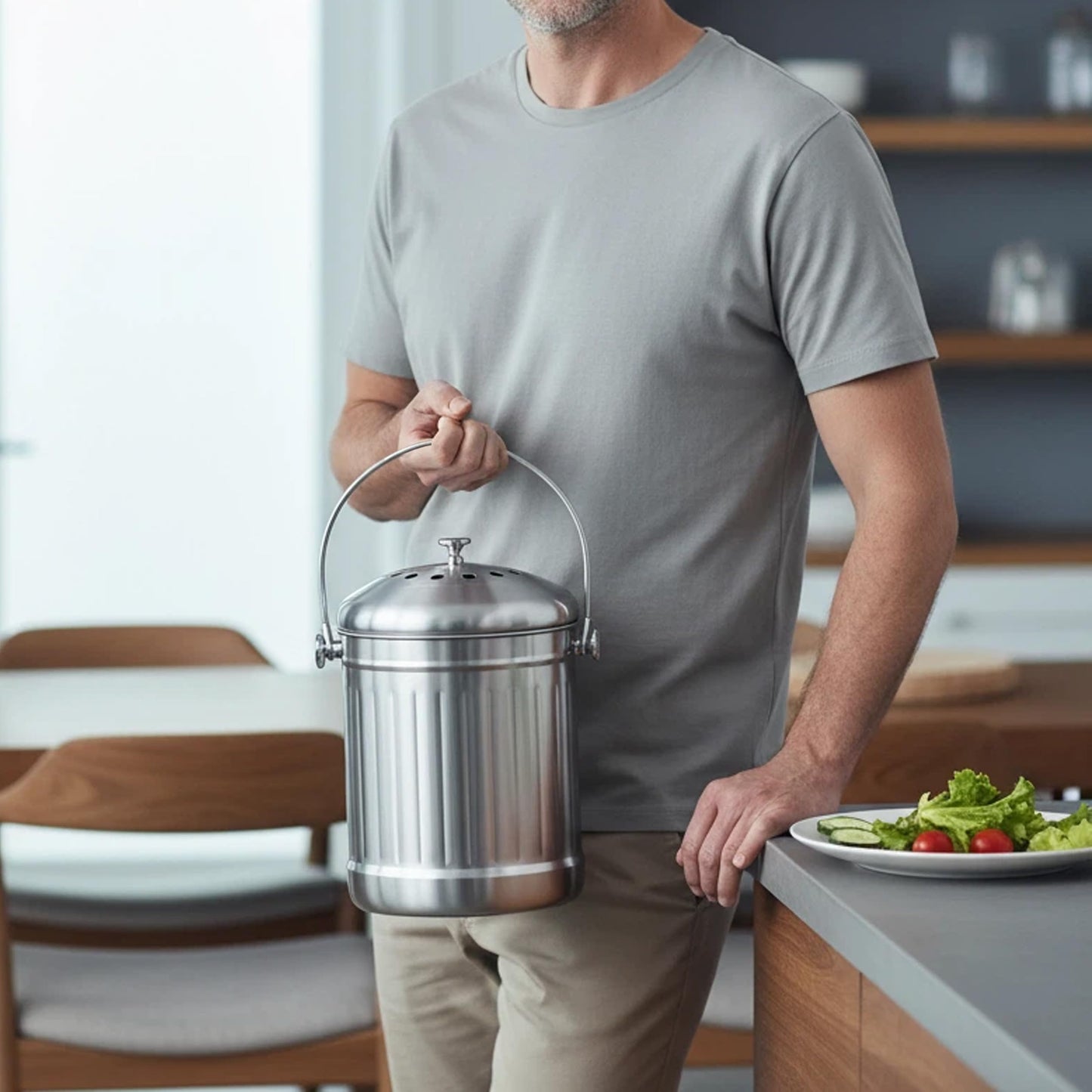 Veinvify 1.3 Gallons 5L Brushed Stainless Steel Kitchen Countertop Undersink Indoor Odorless Composting Compost Bin Countertop Composter with Charcoal Filter Inside Lid Brushed
