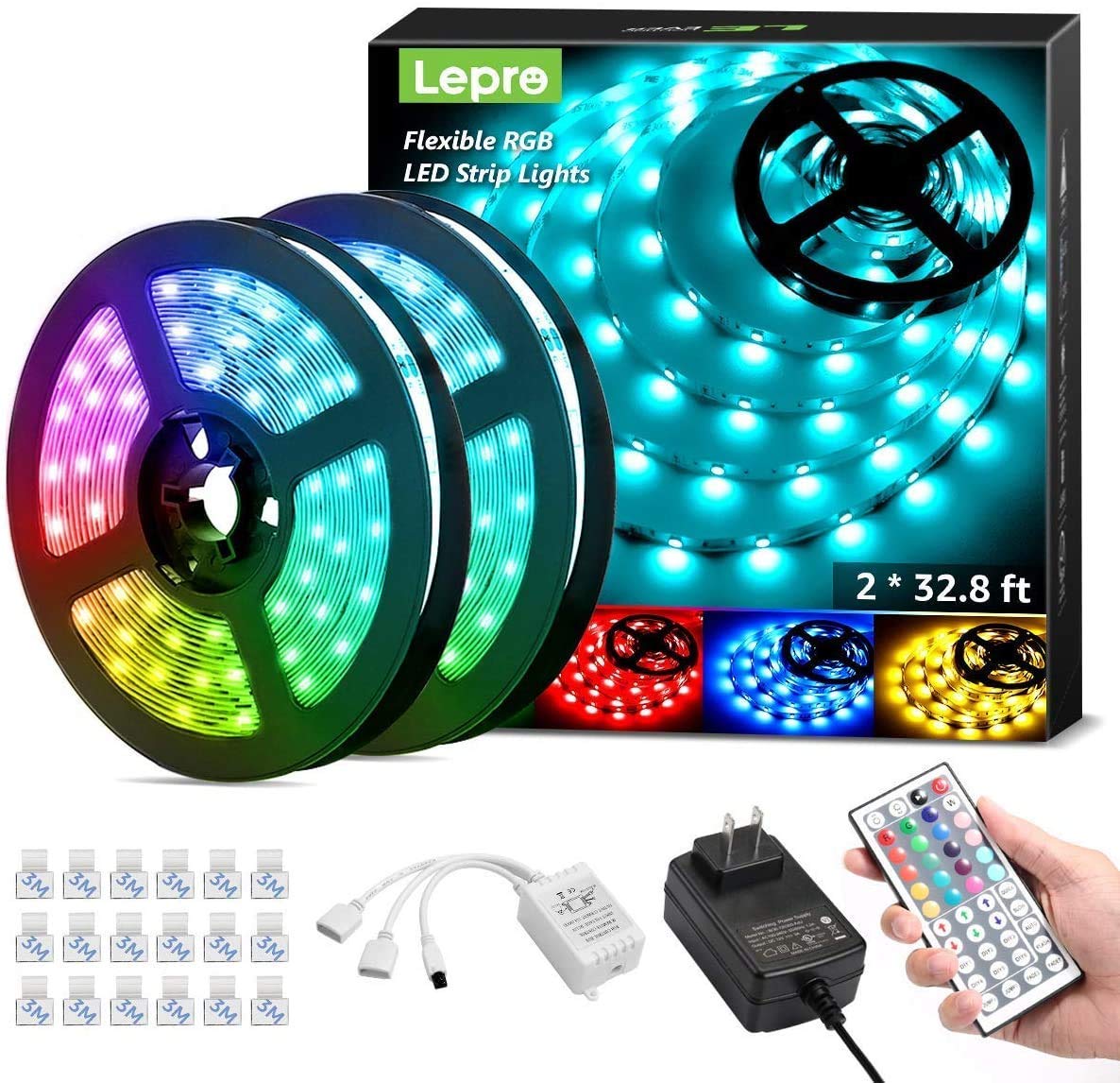 Lepro Led Lights, 65.6ft Led Lights Strip for Bedroom, 600 LEDs 12V Dimmable Led Strip Lights with Remote Control, RGB LED Strip Lights for Kitchen, Ceiling, Living Room(32.8ft*2)