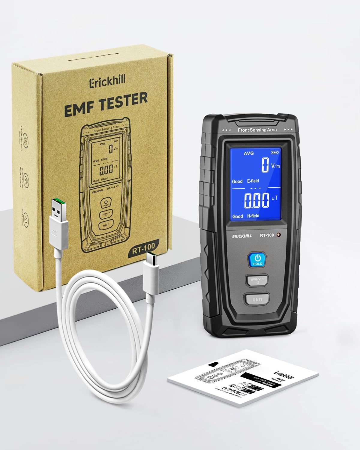 ERICKHILL EMF Meter, Rechargeable Digital Electromagnetic Field Radiation Detector Hand-held Digital LCD EMF Detector, Great Tester for Home EMF Inspections, Office, Ghost Hunting (RF Not Included)