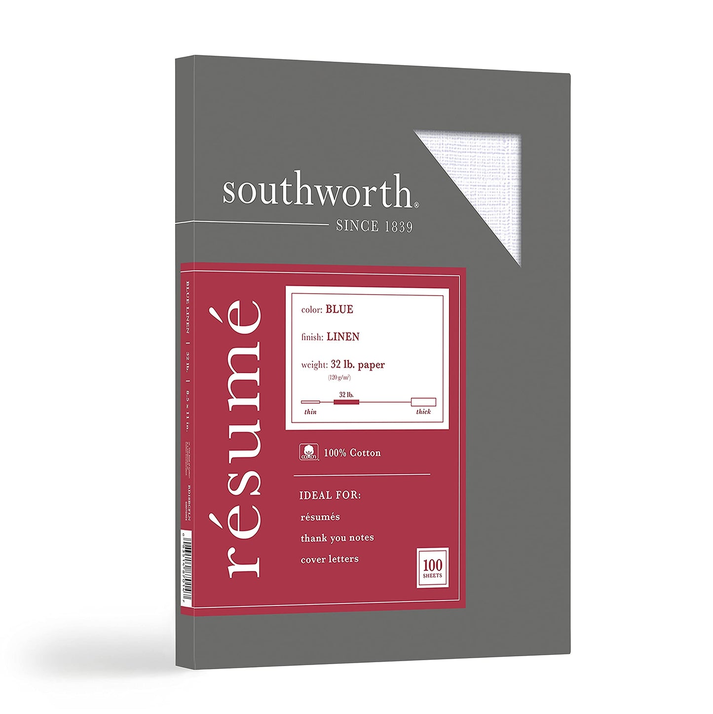 Southworth 100% Cotton Resume Paper, 8.5” x 11, 32 lb/120 gsm , Linen Finish, Blue, 100 Sheets - Packaging May Vary (RD18BCFLN)