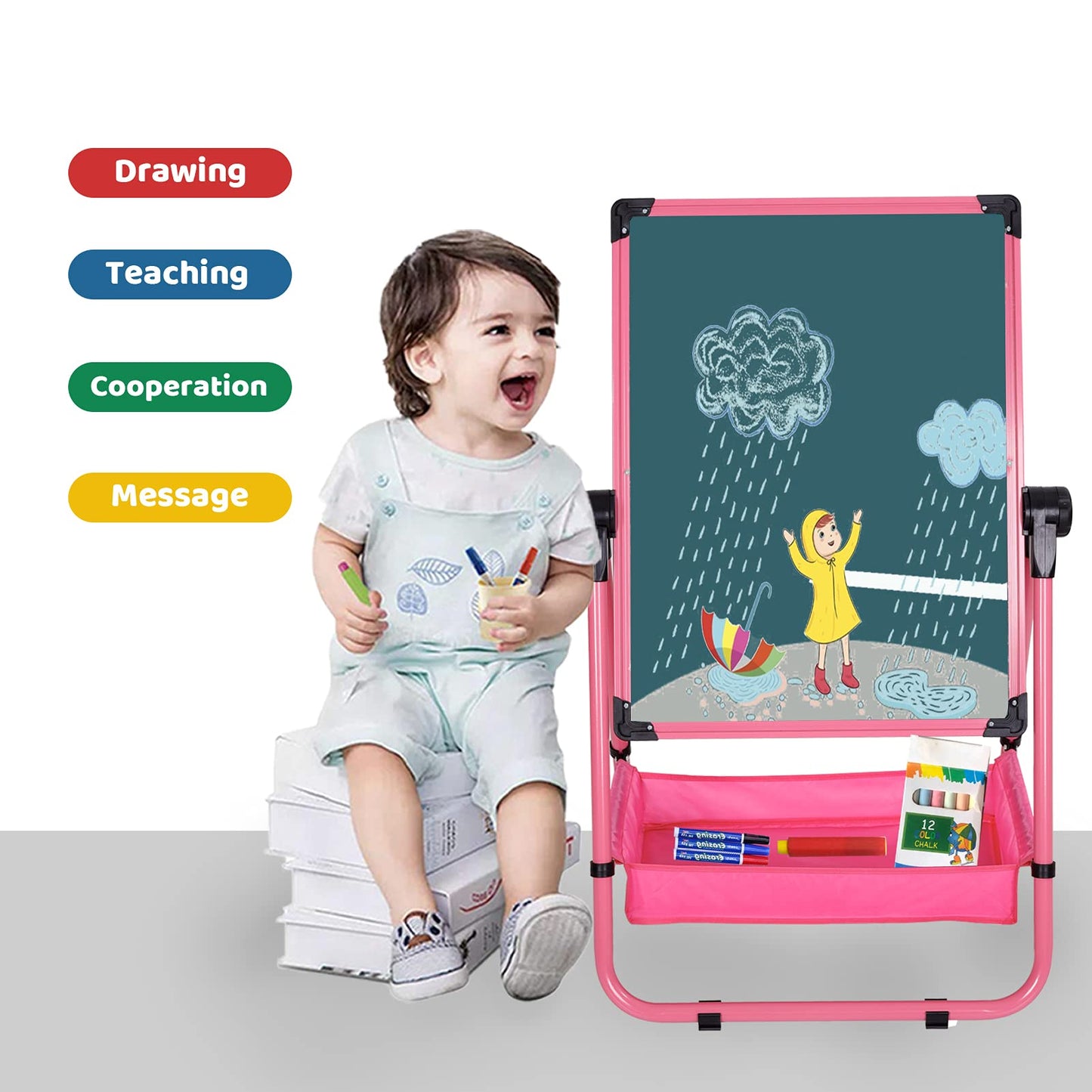 Kids Art Easel Double Sided Whiteboard &Chalkboard Height Adjustable U-Stand 360° Rotating Design (Pink)