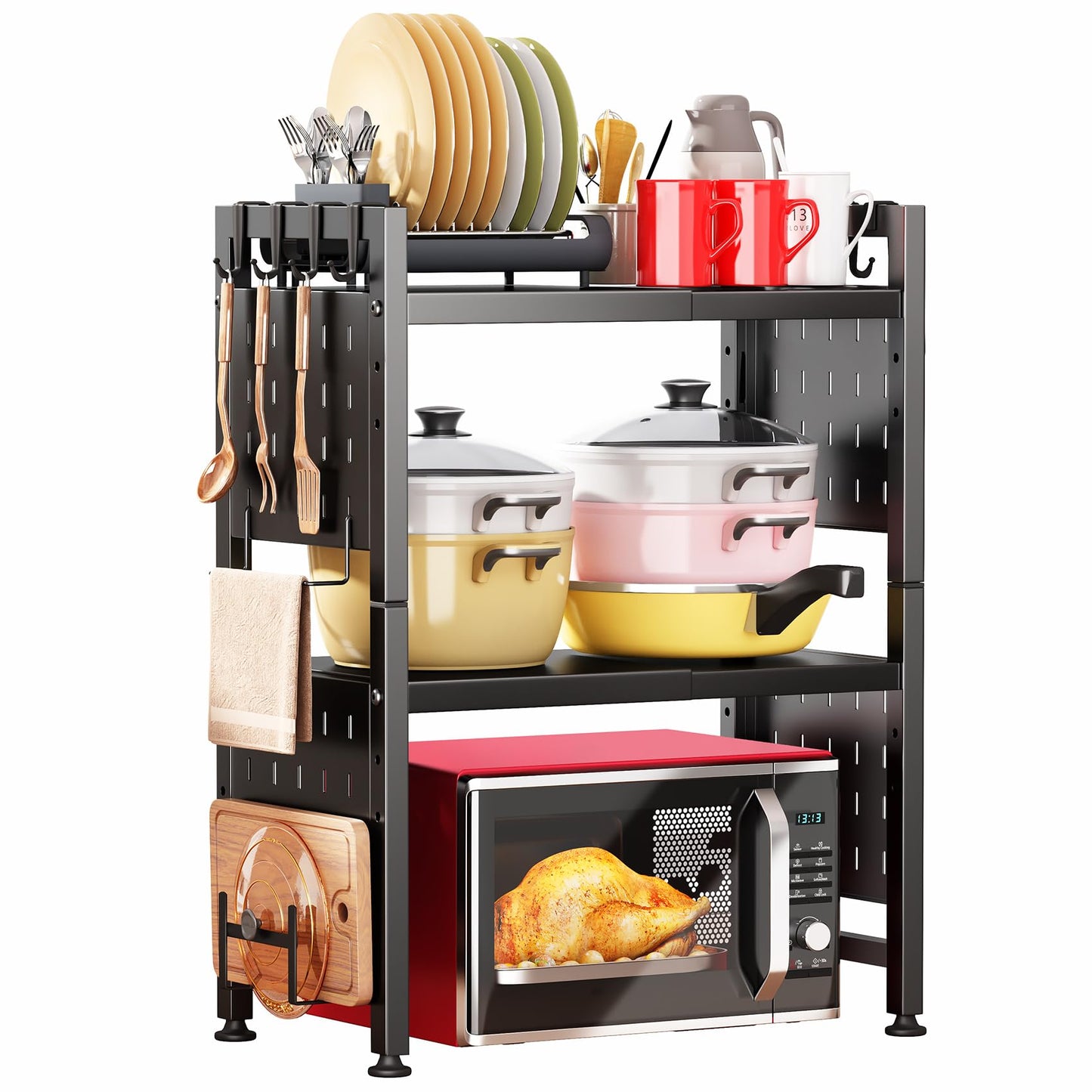 Expandable Microwave Stand,Heavy Duty 3-Tier Adjustable Height Microwave Oven Rack with 9 Hooks, Towel Rack, and Cutting Board Holder, Countertop Kitchen Shelf Organizer, Holds up to 180 lbs, Black