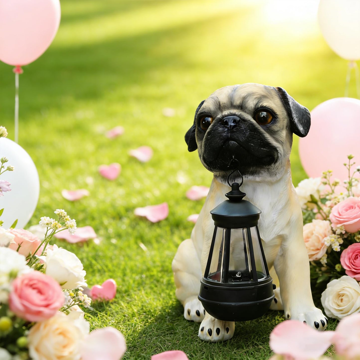 Garden Dog Statues Outdoor Decor, Solar Lights Outdoor Pug Figurines Solar Dog Ornaments for Patio, Lawn, Yard Art Decoration, Valentines Day Gifts, Housewarming Garden Gift