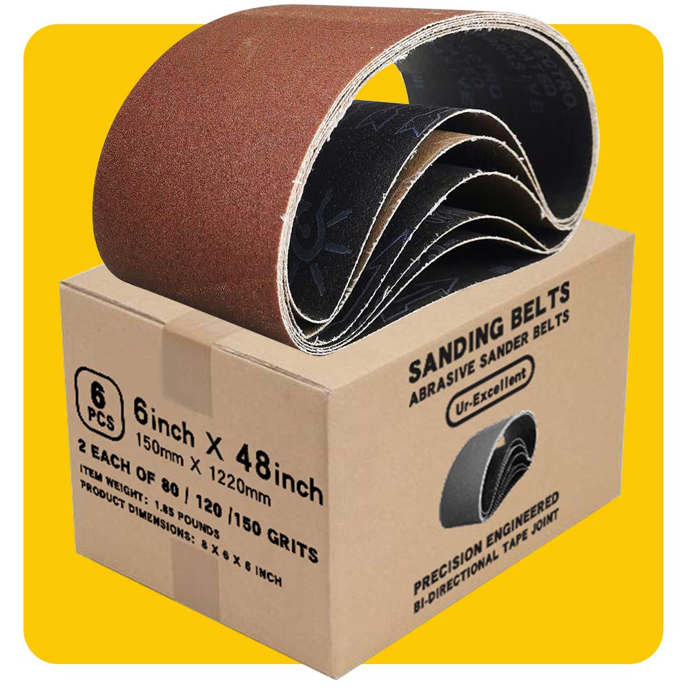 6 x 48 in 6x48 Sanding Belt Pack 6-Inch x 48-Inch,6 Pcs(2 Each of 80 120 150 Grits) Aluminum Oxide for Sander