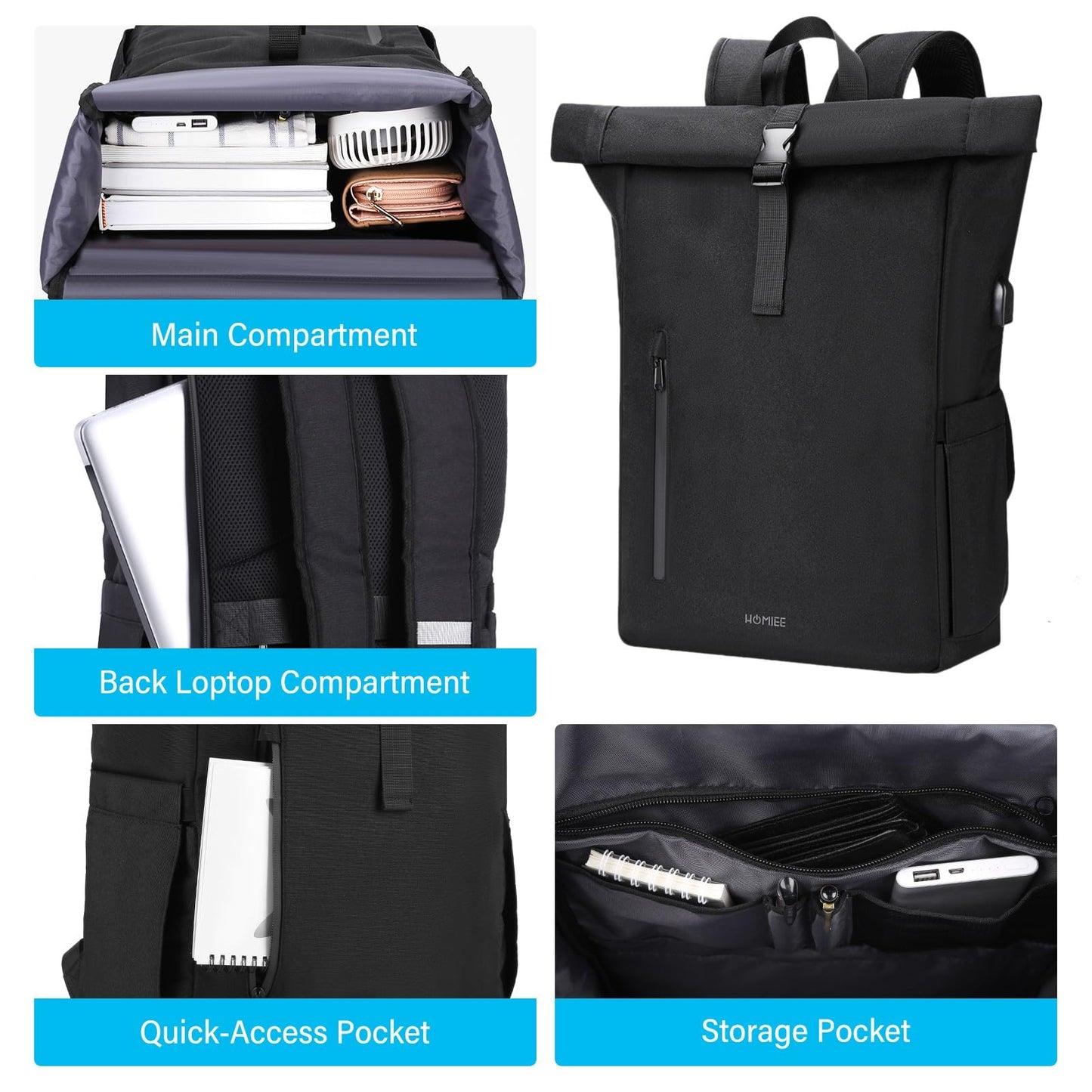 HOMIEE Rolltop Laptop Backpack for 17.3 Inch, Lightweight 24L-30L Expandable Waterproof Anti-theft Backpacks with USB Port Computer Daypack School Bag for Work Travel Men Women