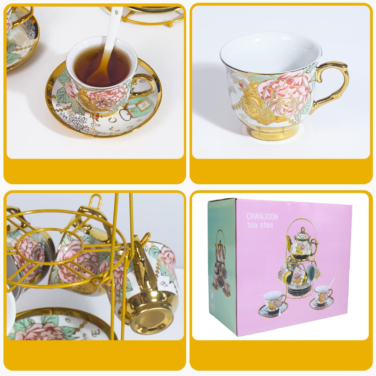 CHANJOON Gold Plated Red Rose Ceramic Tea Sets, Vintage Tea Set with Teapot, Beautiful Tea Set Coffee Serving 6 People (Golden, Medium)