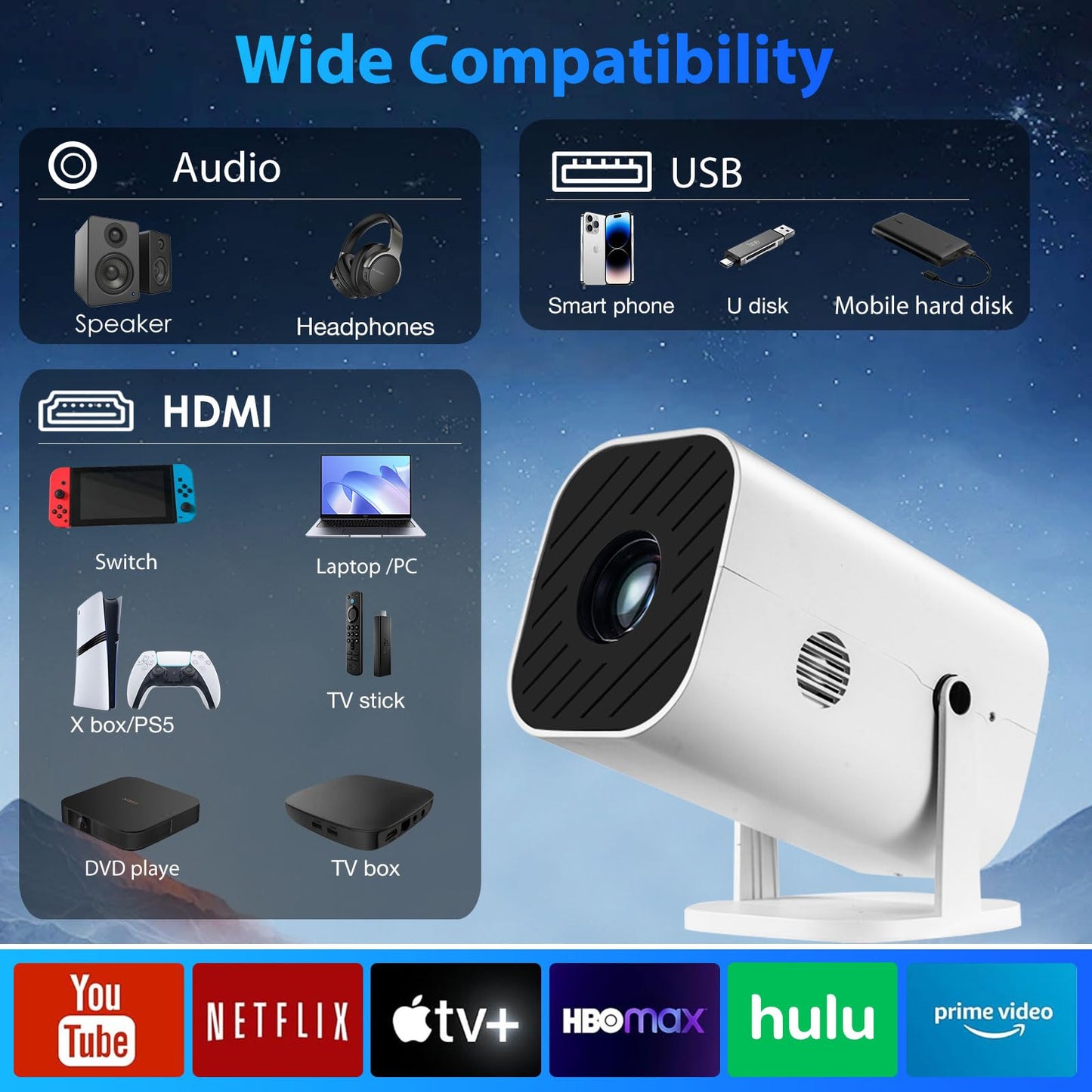 Mini Portable Projector (Built-in Speaker and Bluetooth 5.3), Video Projector for iPhone, Compatible with 4K, 1080P Movie Projector, Supports Smartphones/Video Games/TV stick/PS5/Computers/HDMI/USB