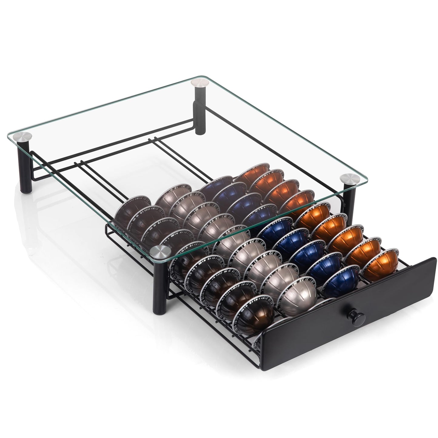 EASTSIGN Vertuo Pods Holder - Drawer Tray for 40-Vertuoline Capsules - Tempered Glass - Capsule Storage - Compatible with Nespresso Vertuoline Capsules - Pods Organizer