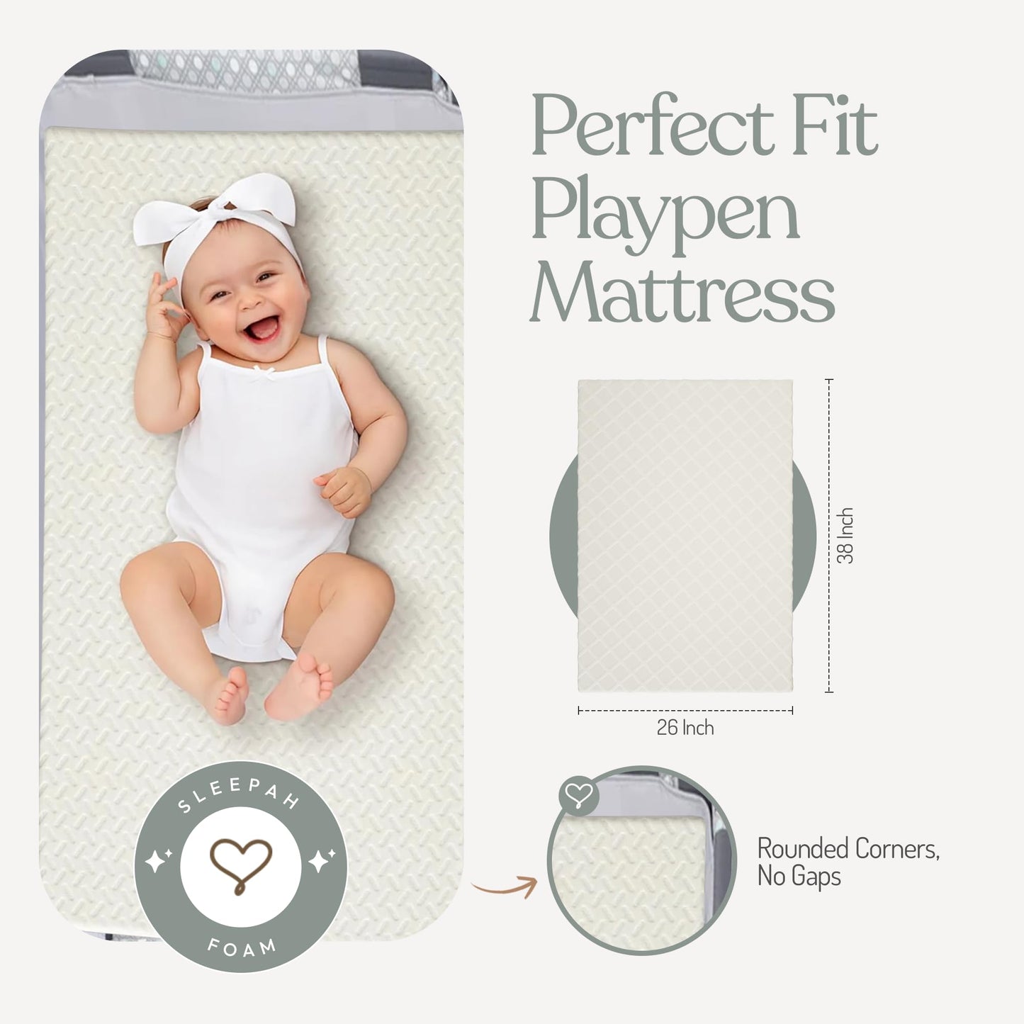 Sleepah Pack and Play Mattress Foam Pad 38 x 26 x 1 for Playpen, Portable Playyard Mattress - Soft Waterproof Washable & Removable Cover Breathable Topper