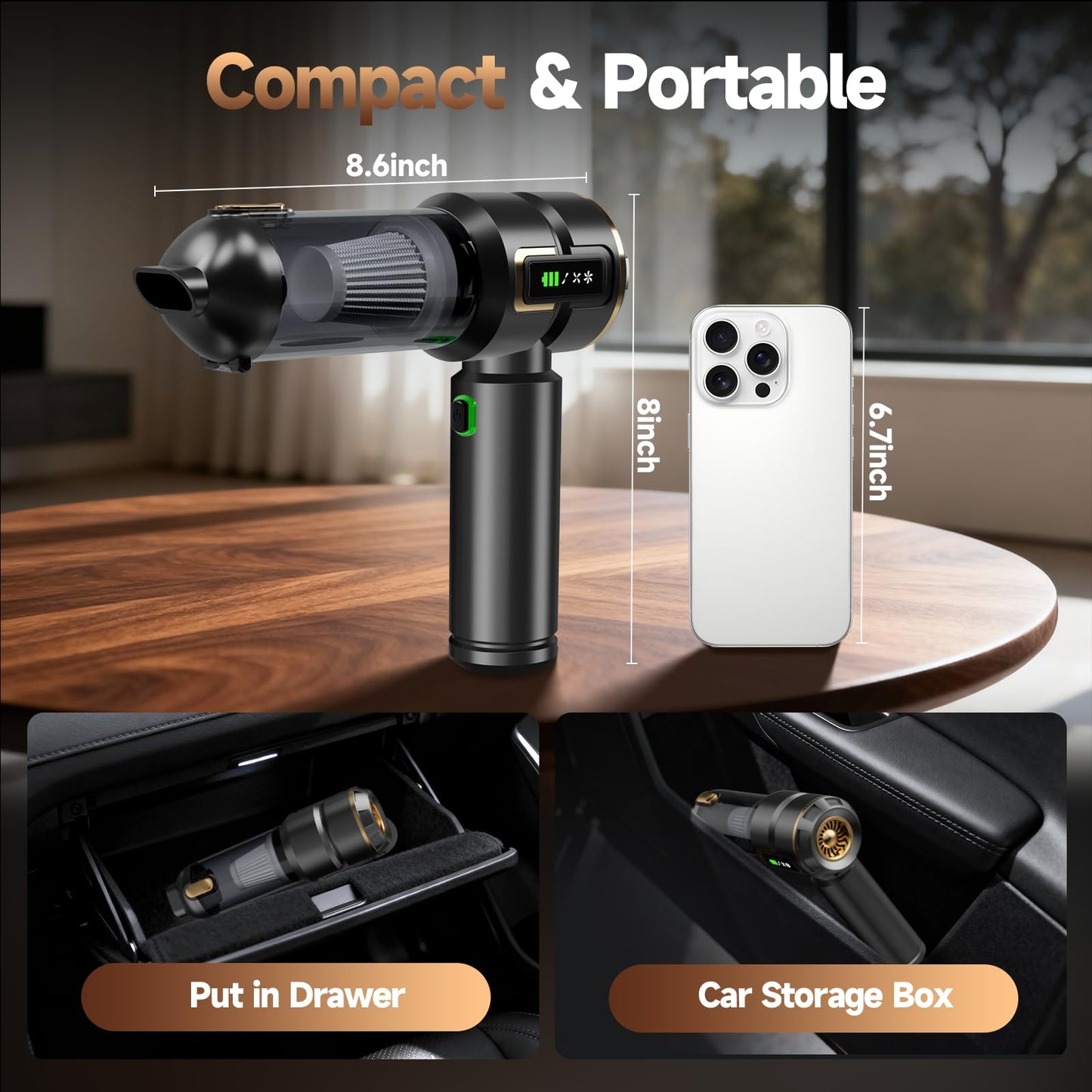 Car Vacuum Cleaner Cordless Powerful, 24000PA Handheld Vacuum Portable, Mini Vacuum with 3 Modes, LED Display, One-Click Empty, Rechargeable Duster/Blower/Pump Hand Vacuum for Car, Home,Office