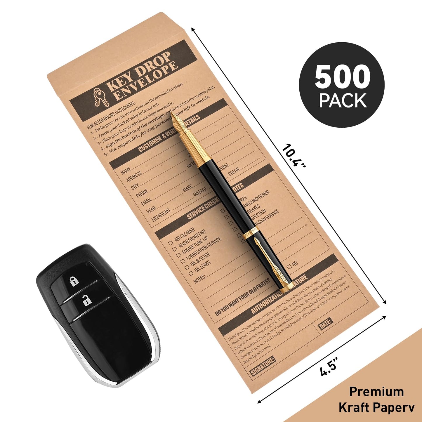 500-Count Key Drop Envelopes for Auto Shop Repair & After Hours Service, #10 Self Adhesive 28lb Brown Kraft Paper, Ideal for Overnight Service Drop Box, 4.125 x 9.5 Inches(horizontal)