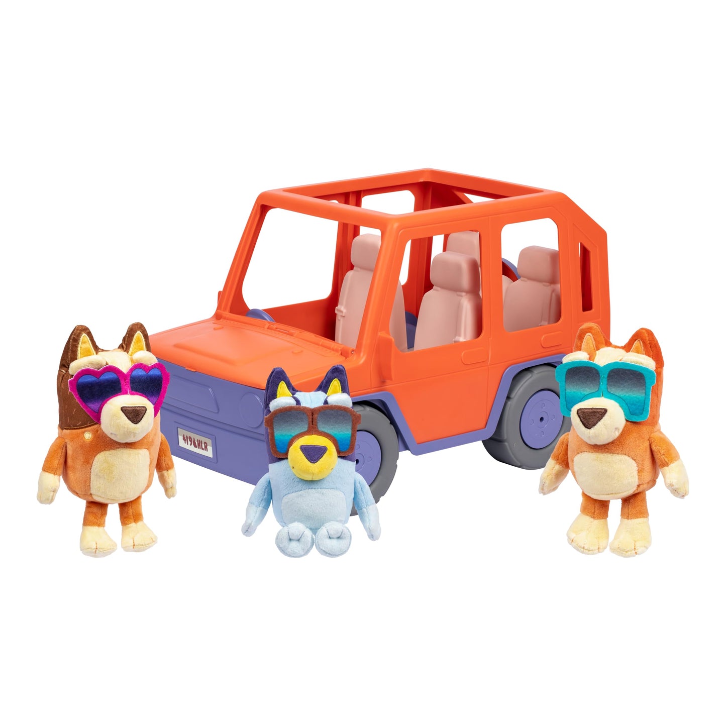 Bluey Buddies Big Heeler 4WD with Family, Exclusive Plush Bluey, Bingo and Chilli, with Sticker Sheet and Opening Bonnet/Hood for Fun Storage