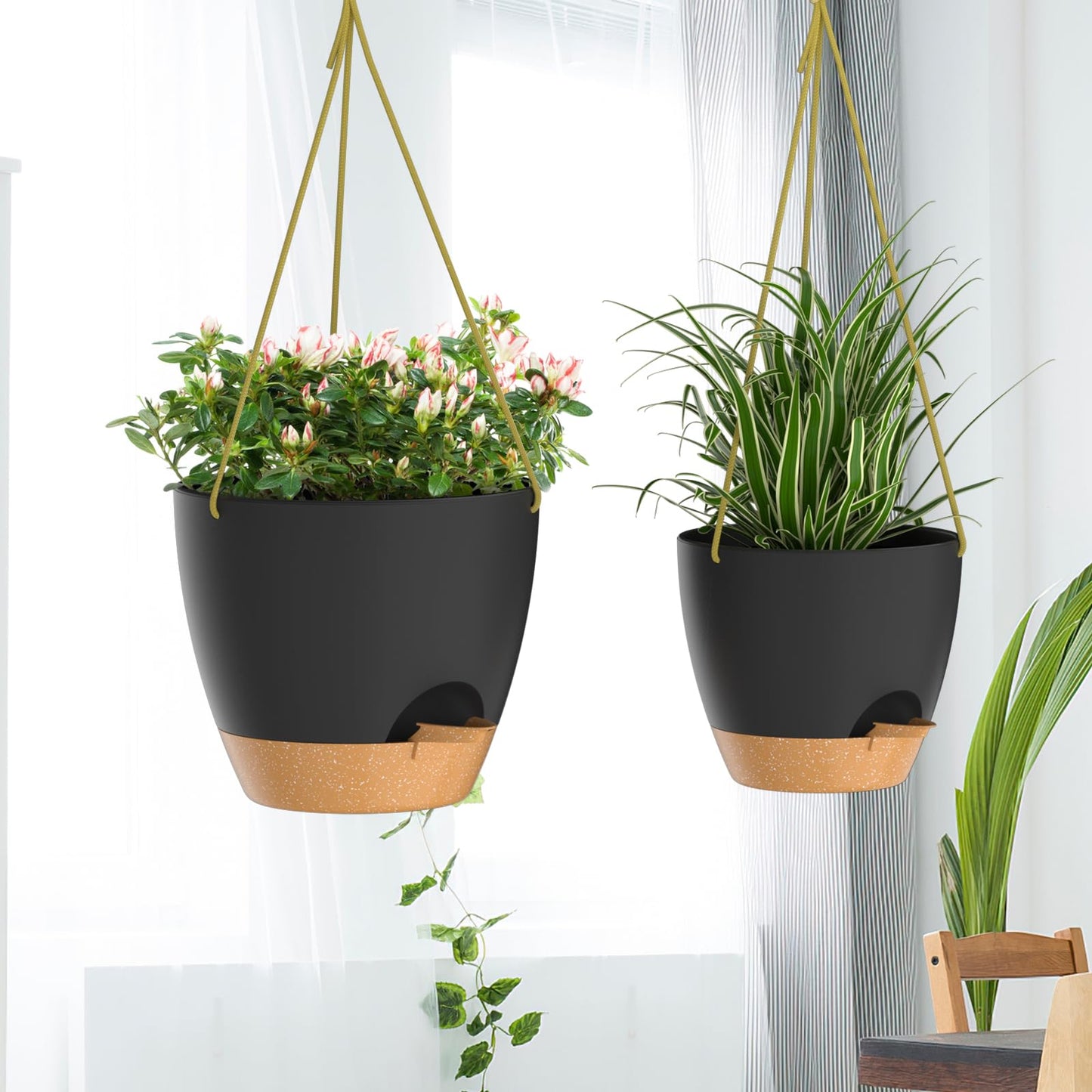 ZMTECH 8 Inch Hanging Planters for Indoor Outdoor Plants 2 Pack Self Watering Hanging Plant Pots with Drainage Holes and Removable Saucer Plastic Flower Hanging Pots with Watering Lip (Black)