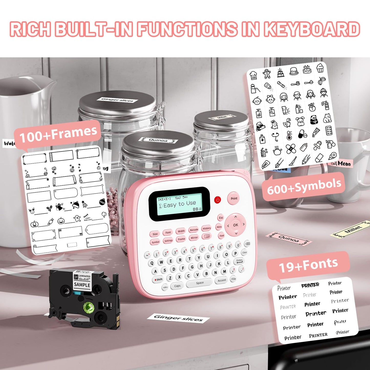 Label Maker Machine with Tape, Portable Pink Label Maker for Kids, EazeID D210S Easy Cute Label Makers Printer, QWERTY Keyboard Labeler with Multiple Fonts Frame for Home Office School Supplies