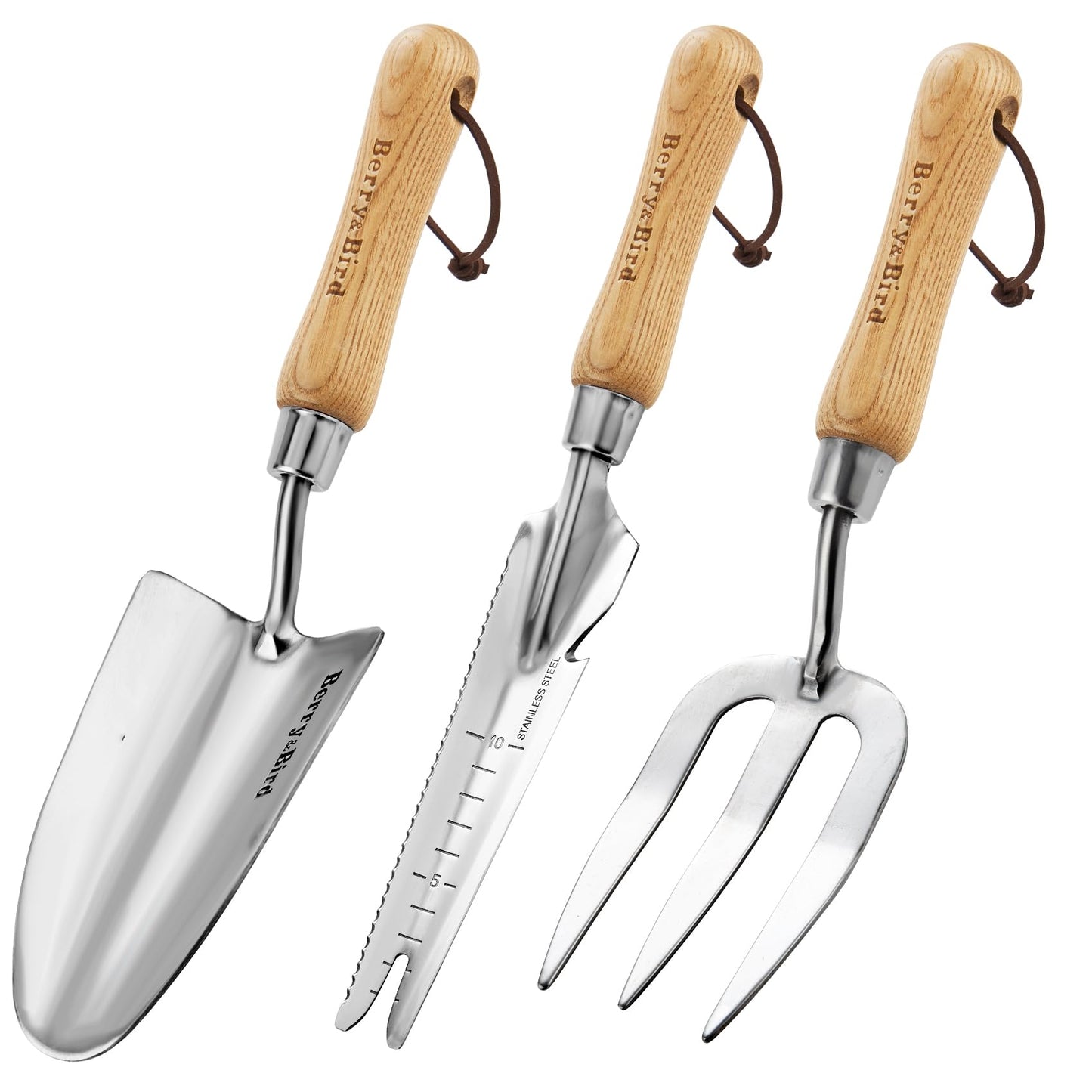 Berry&Bird 3Pack Gardening Hand Tool Set- Stainless Steel Garden Tool Kit Include Wooden Handle Trowel, Hand Fork & Weeder for Weeding Planting Transplant & Measuring, Ideal Garden Gift for Women&Men