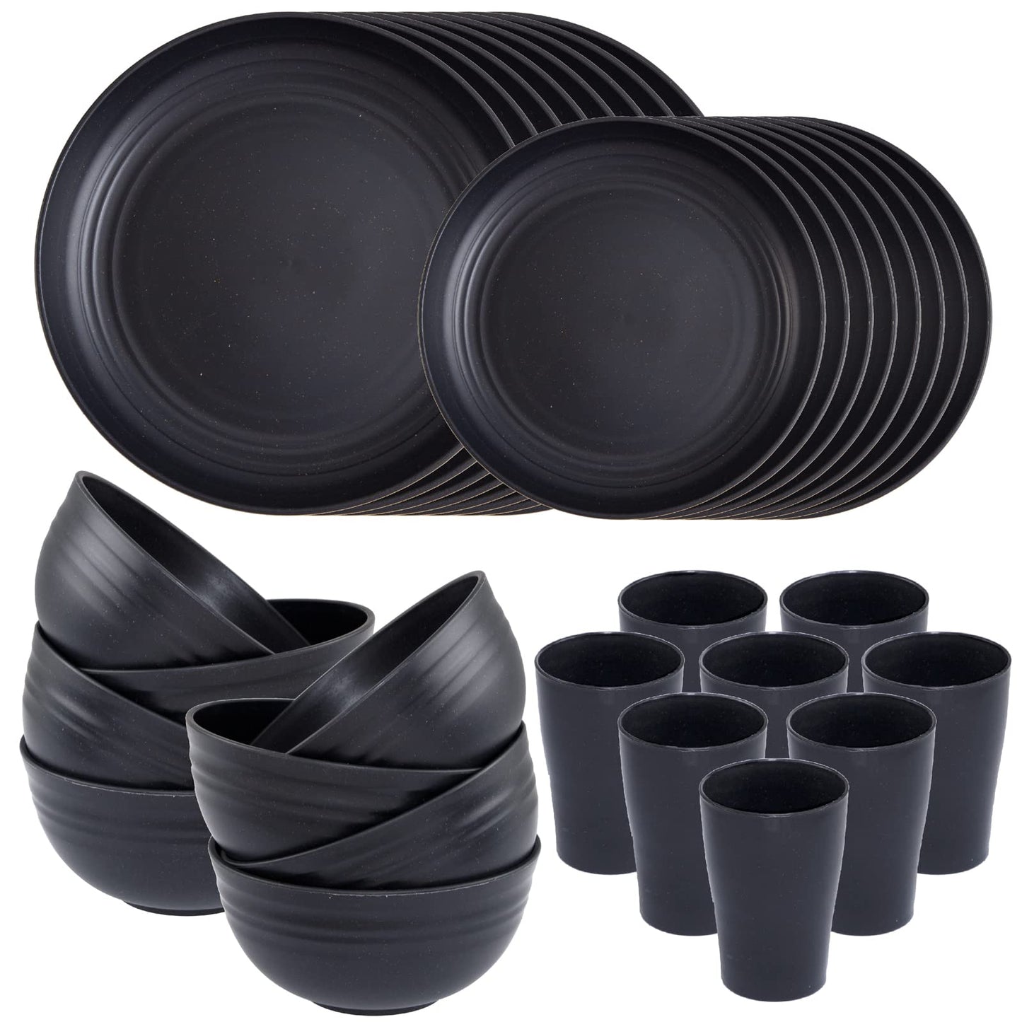Supernal Wheat Straw Dinnerware Sets,Unbreakable Dinner Plates for 8, Dishwasher Safe,Reusable Dinnerware,Black Set 16pcs Plates, 8pcs Bowls, 8pcs Cups，Perfect for Party Birthday and Wedding