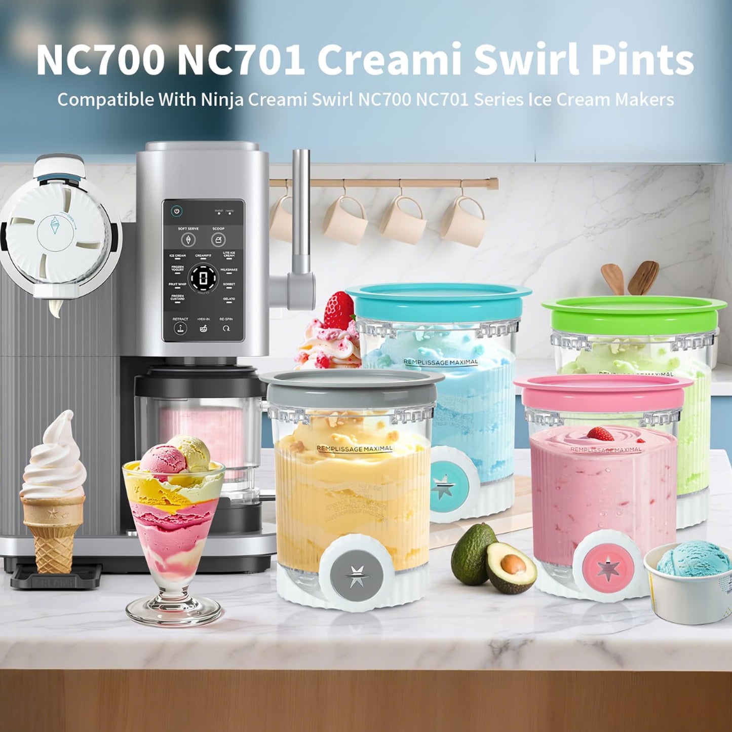4 Pack Pint Containers Replacement for Ninja Swirl by Creami Pints and Lids, Compatible with Ninja Creami Swirl Ice Cream & Soft Serve Makers NC700 NC701 Series (Color Lids)