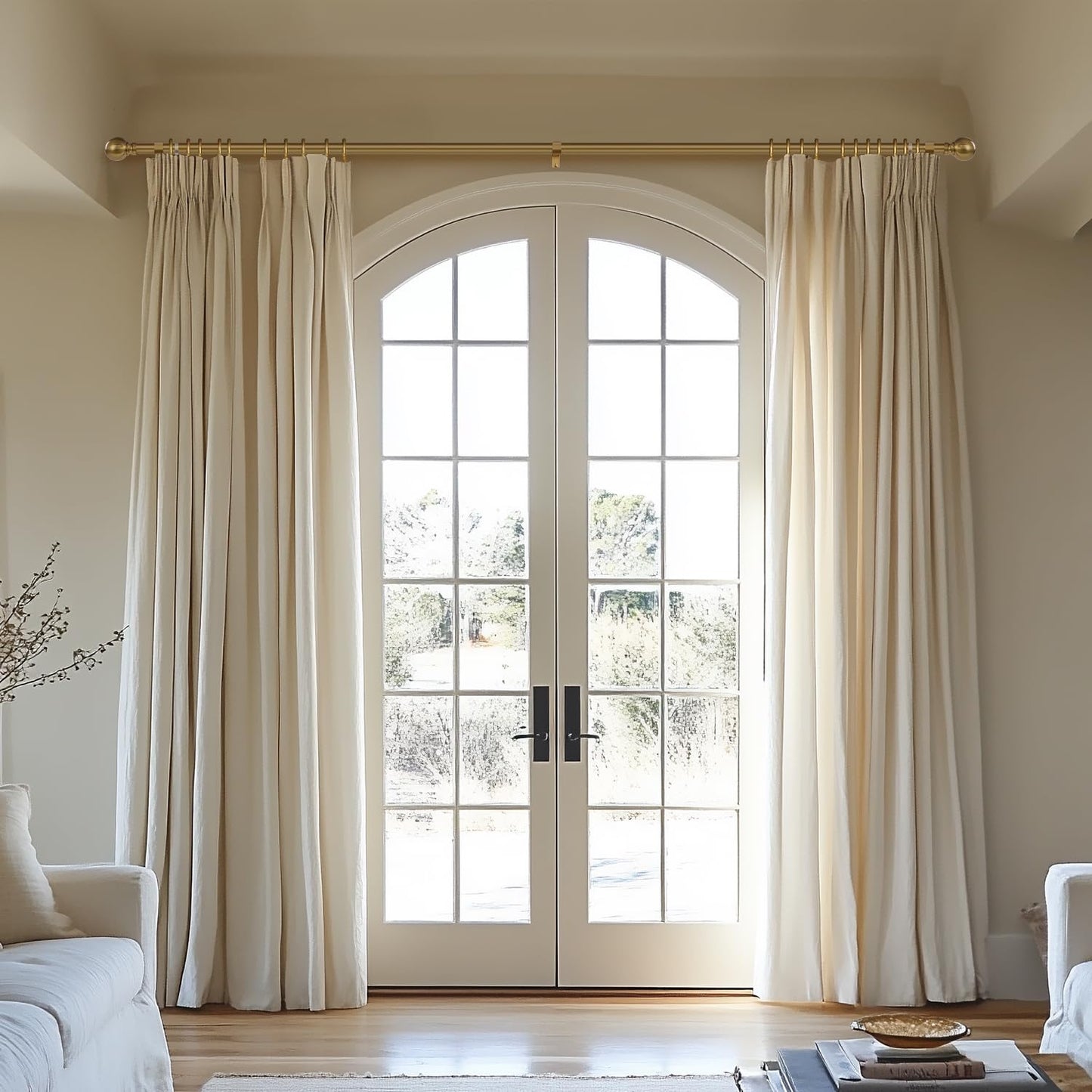 Warm Gold Curtain Rods for Windows 48 to 84 Inch 1" Diameter Adjustable Heavy Duty Brass Window Curtain Rod with Metal Finials for Living Room Bedroom Farmhouse Kitchen Outdoor