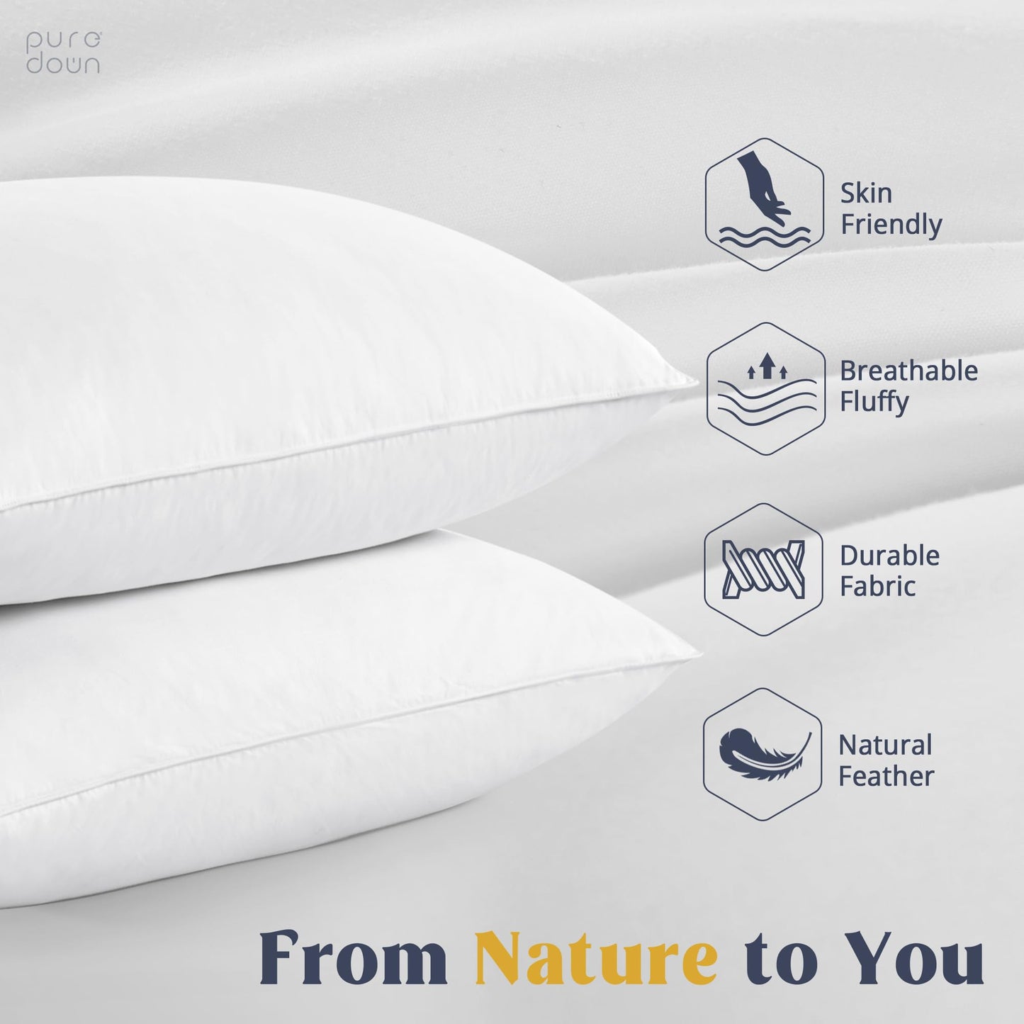 Puredown® Goose Feathers Down Pillows Bed Pillows for Sleeping with 100% Cotton Fabric, Hotel Pillows for Side Back and Stomach Sleeper, Queen Size, Set of 2