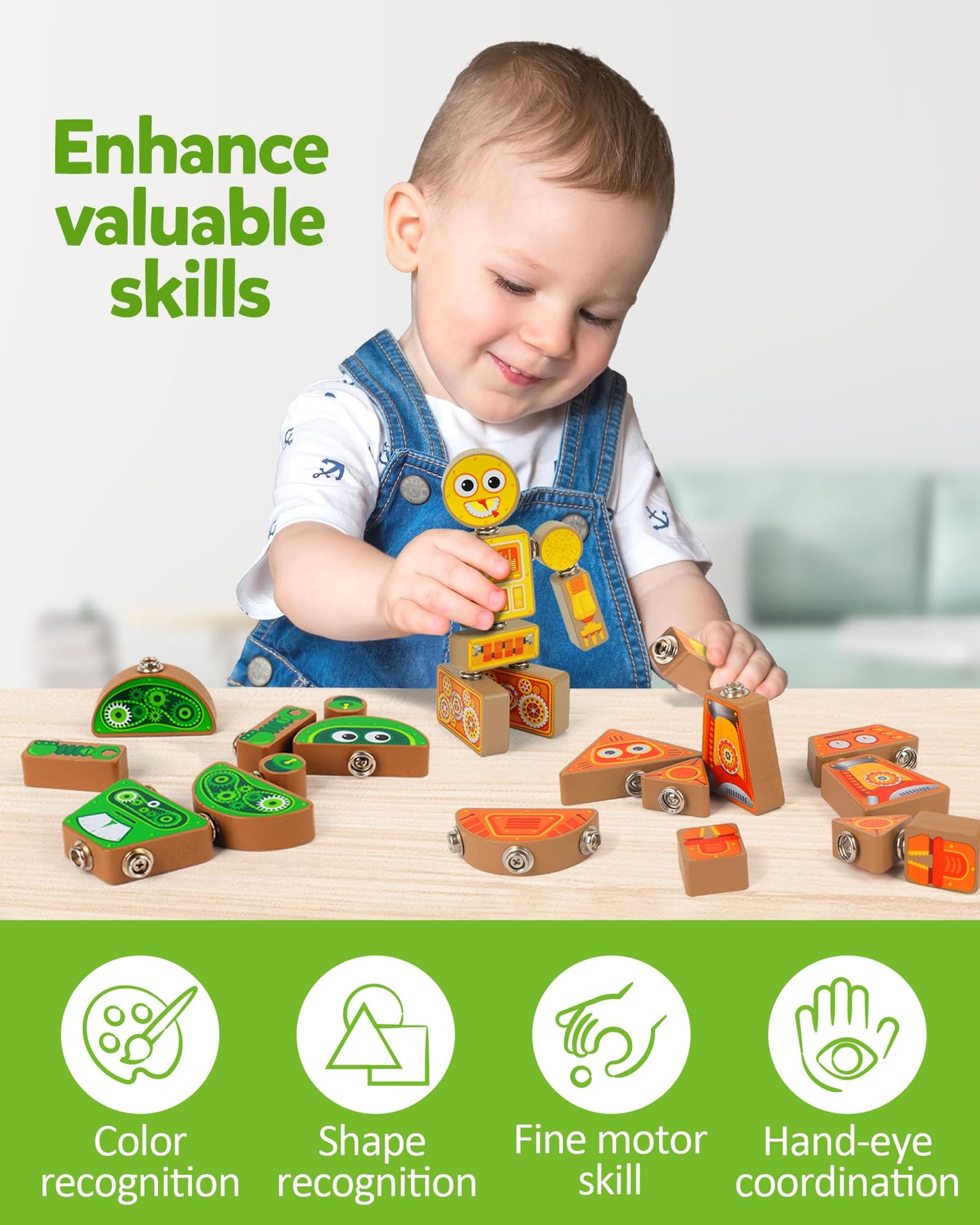 Coogam Take-Apart Robot Blocks Playset, Wooden Snap-Together STEM Building Toy, Fine Motor Construction Builder, Color Shape Educational Learning Toy Gift for Boys Girls 3 4 5 Year Old