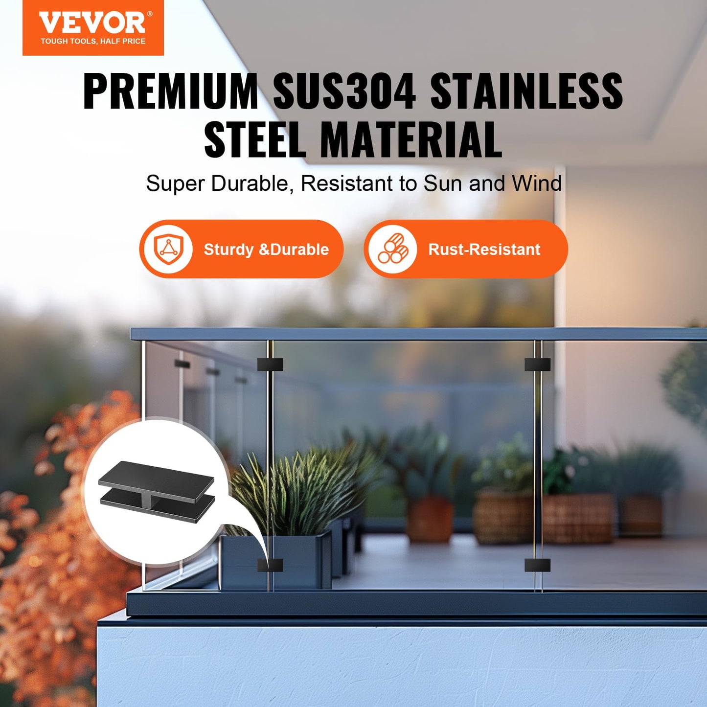 VEVOR Glass Clamp, 4 PCS Rectangle Glass Railing Bracket for 0.31 "-0.47" Tempered Glass, 304 Stainless Steel Glass Mounting Clamp, 0.2” Thick Glass Shelf Bracket for Balcony, Garden, Pool, Stair